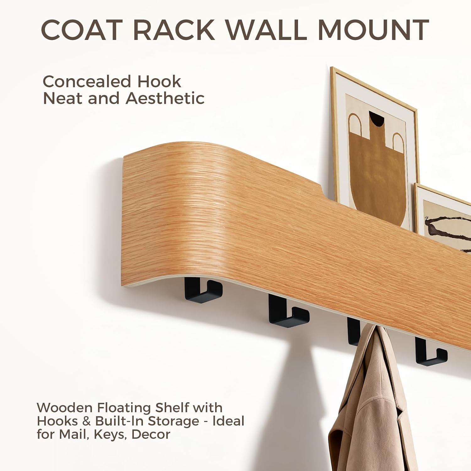 Shelf Entryway Shelf Modern Key Holder Hanger Wall Shelves / Oak / 5 Hooks