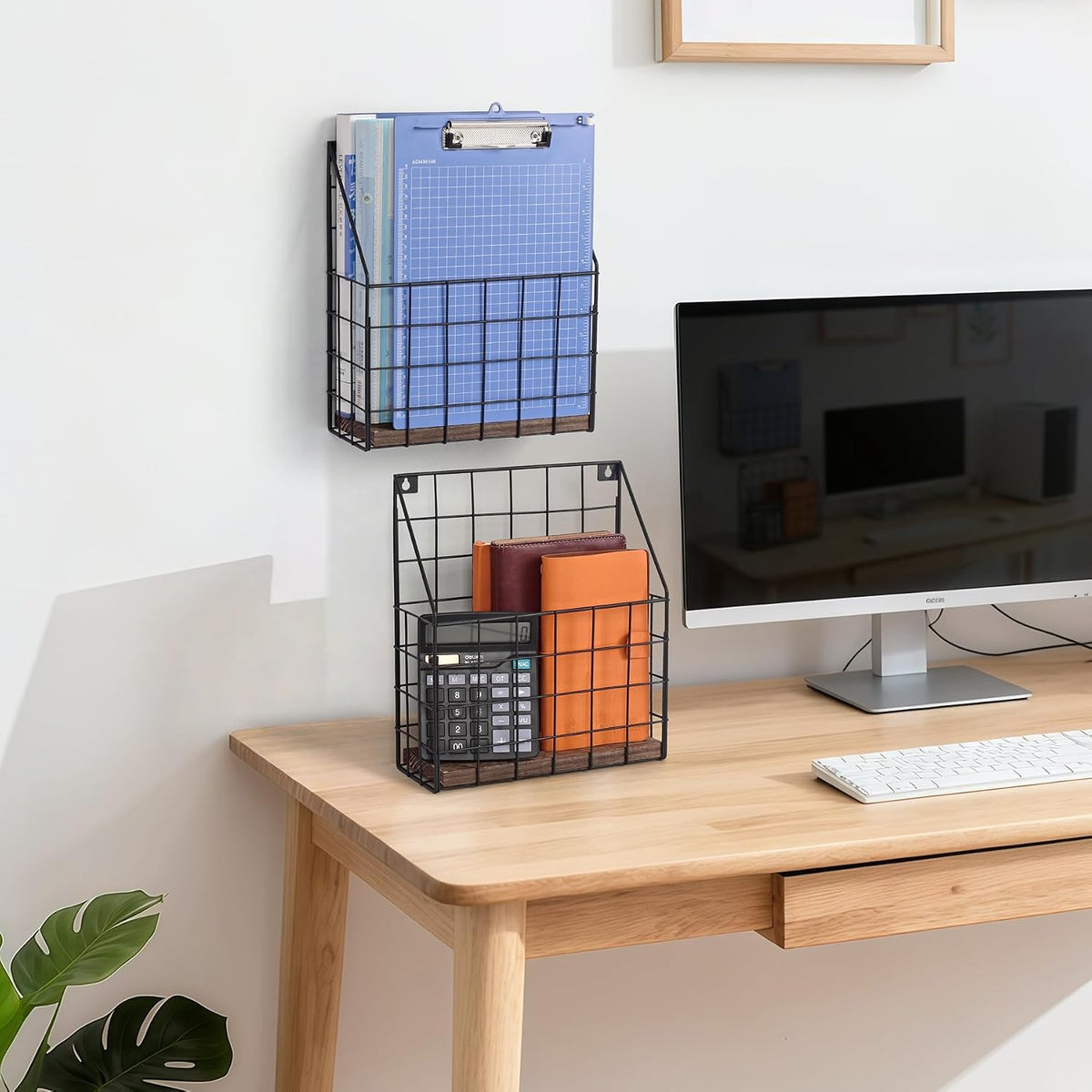 Mail Holder Magazine Basket - 2 Pack Black Wall Mount File Organizer Rack of Wooden Style with Adhesive Mounting