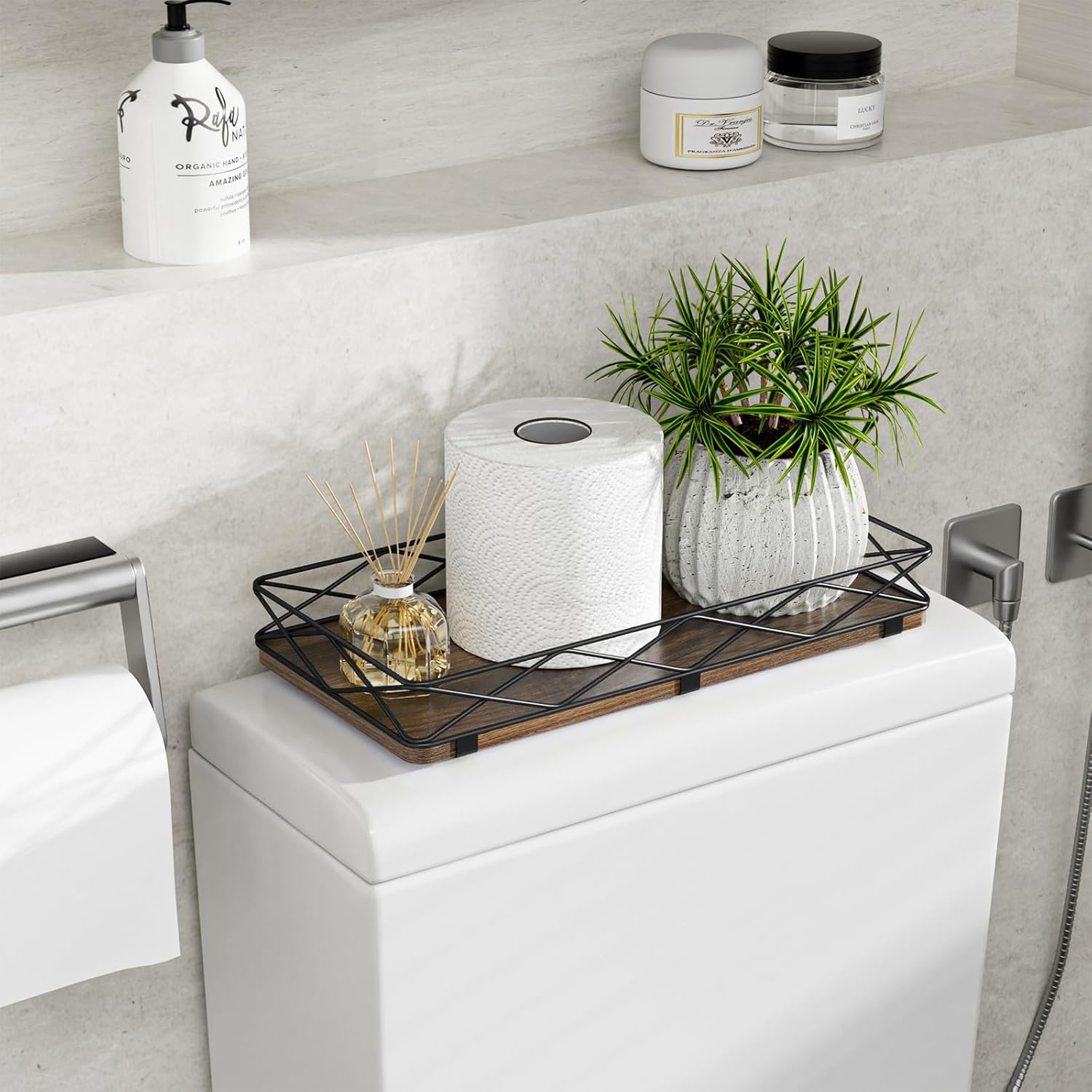 Wood and Metal Toilet Tray Vanity Organizer Bathroom Tray / Brown+black