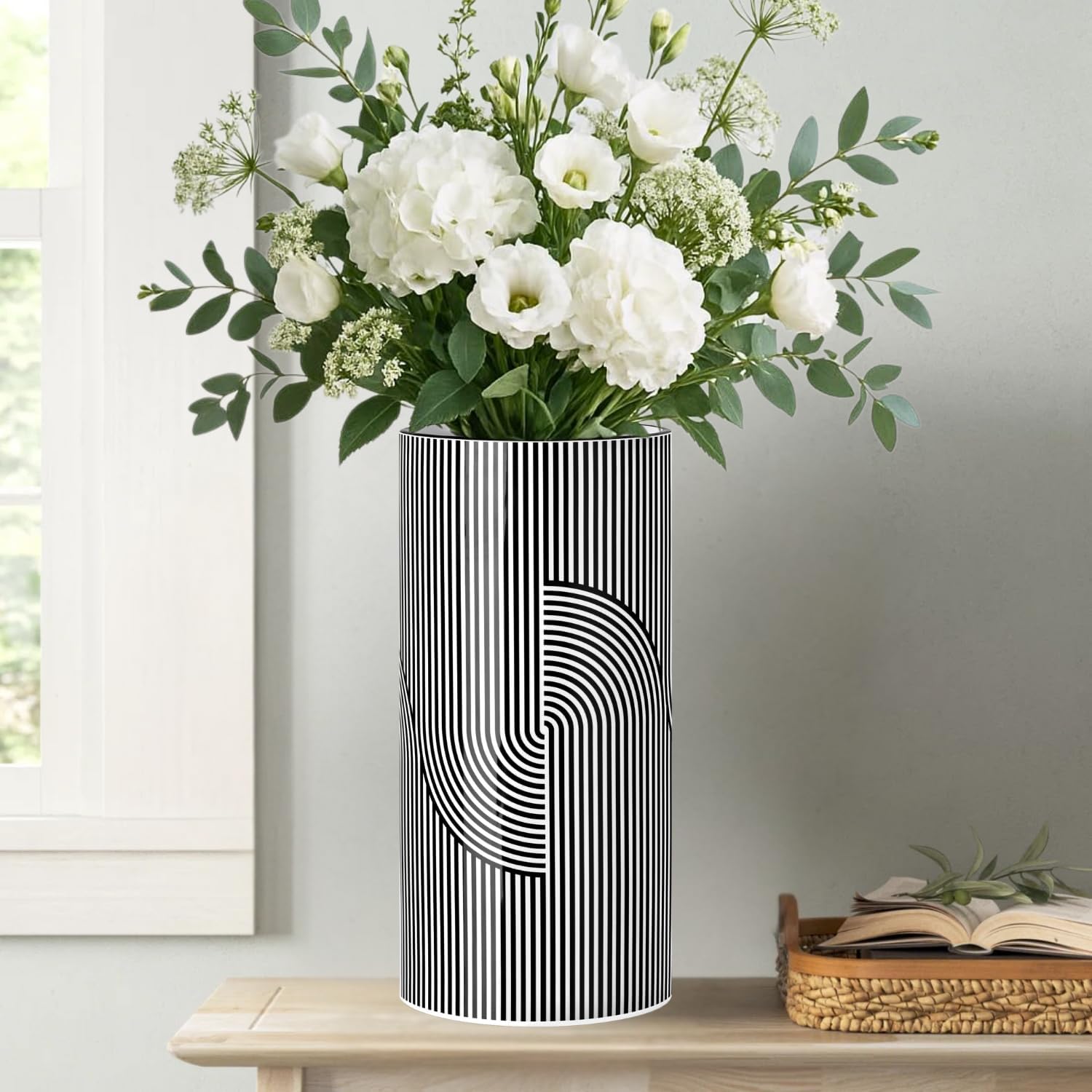 12" Tall and White Ceramic Vase for Flowers / Graphic Lines / Black