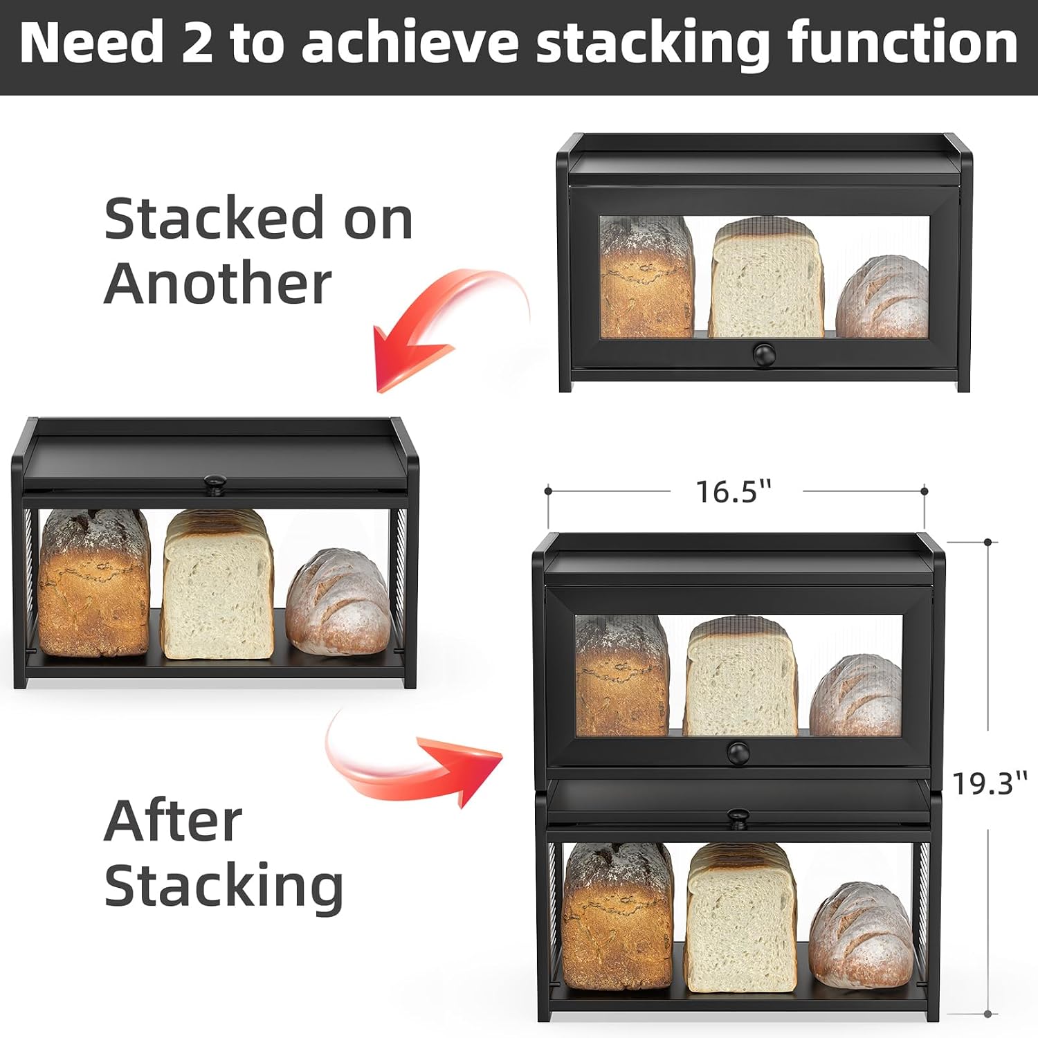 BAMBANG Bamboo Bread Box for Kitchen Countertop, Extra Large Farmhouse Bread Box with 4-Side Clear Panels, Wooden Bread