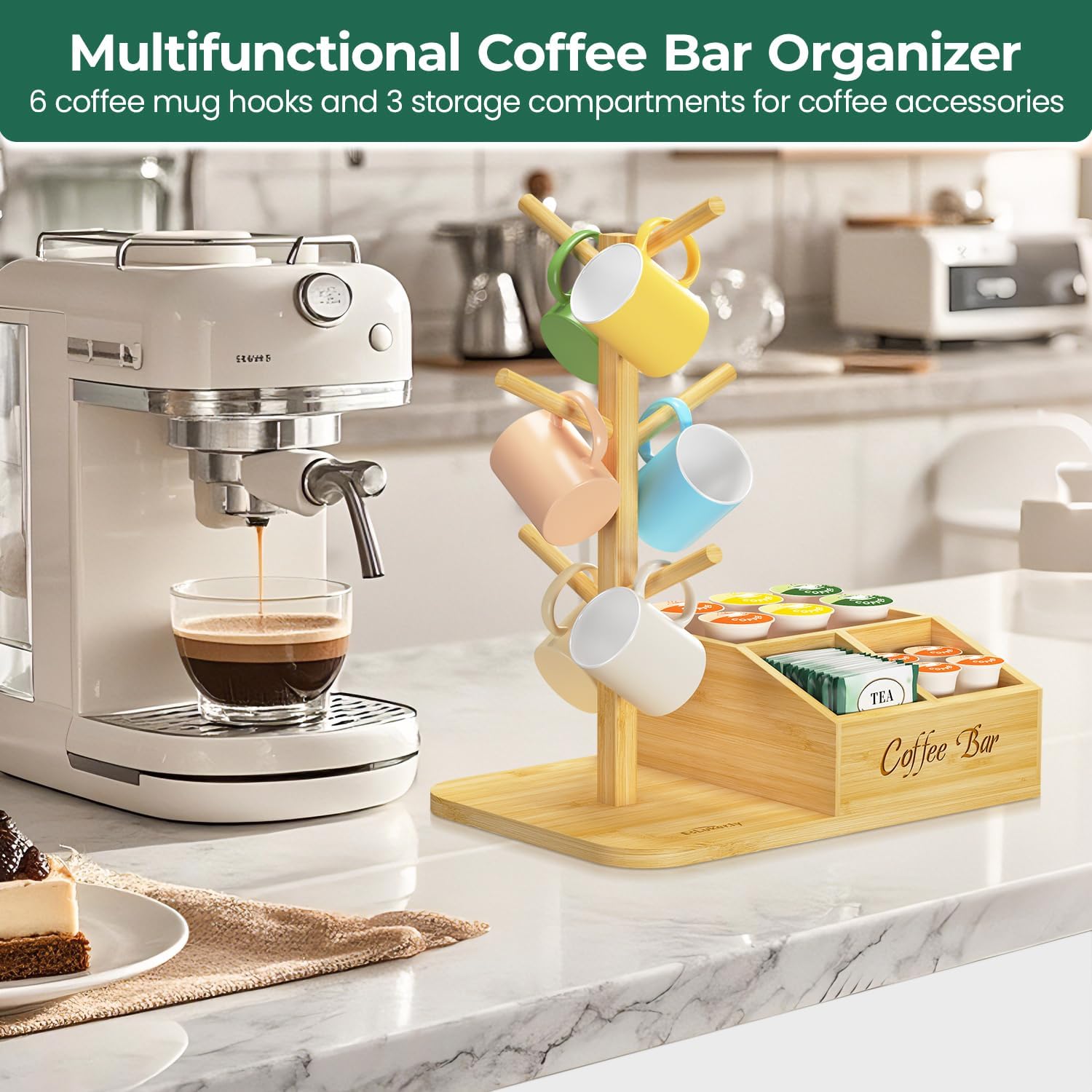 EsLuker.ly Mug Tree Holder Stand, Countertop Bamboo Coffee Cup Organizer | Rack for Kitchen Office, Space-Saving Coffee