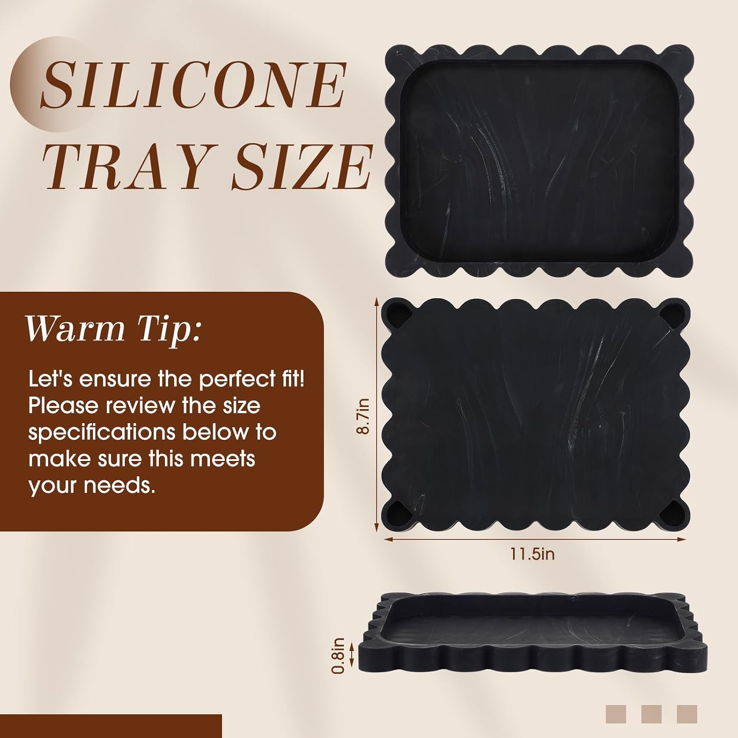 Silicone Bathroom Tray Scalloped Silicone Decorative Tray for Soap Dispenser / Black / 11.5 x 8.7