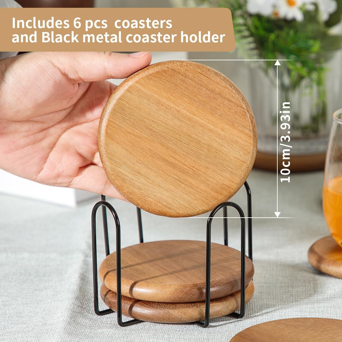 Holder / Rustic Wood Coasters / 3.93 Inch / Set of 6