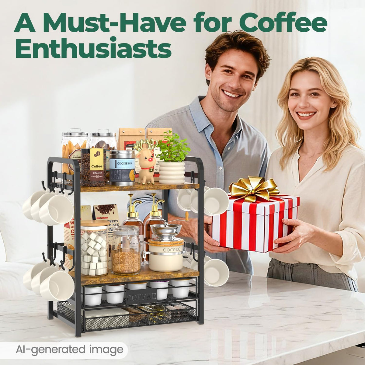 EsLuker.ly Coffee Bar Organizer Station Shelf Mug Holder for Countertop | 4 Tier Mug Holder Stand with 12 Hooks, K Cup