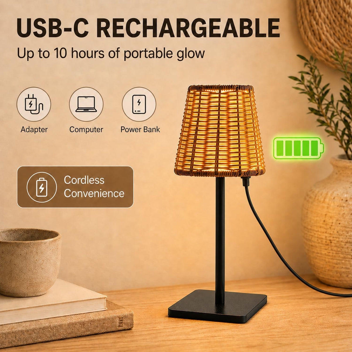 2 Pack Rattan Table Lamp, Rechargeable Small Wicker Lamp | Wedding Cordless Boho Rattan Lamp Shade with Dimmable LED