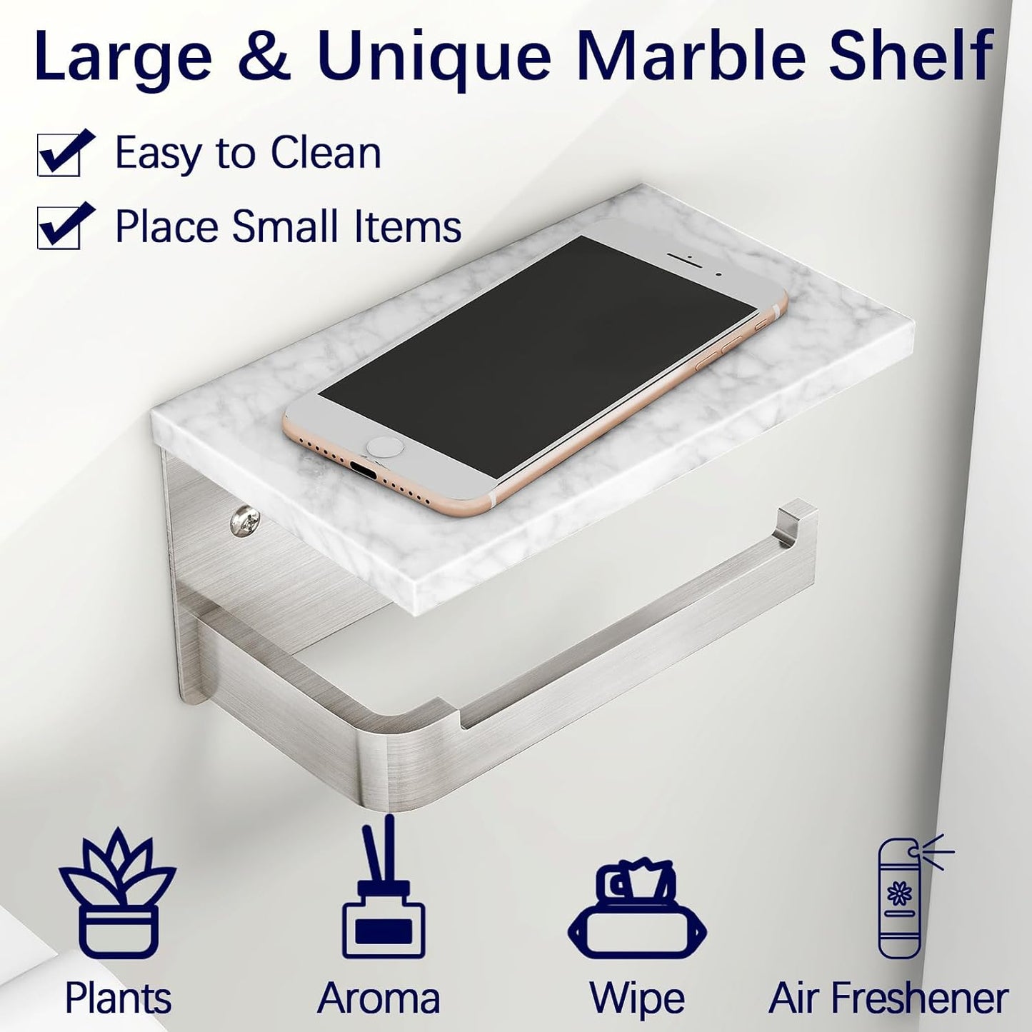 Gypie Toilet Paper Holder with Marble Shelf, Wall Mounted Brushed Nickel | Toilet Roll Holder for Bathroom Washroom