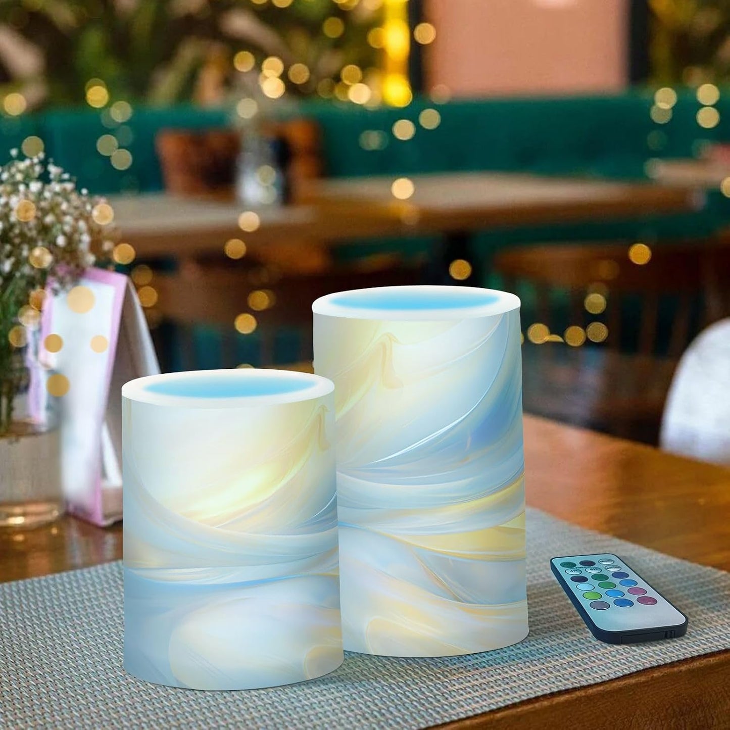 Flickering Flameless Candles, Blue Gold Marble LED Candles with Remote Timer, Set of 2 Battery Operated Candle for