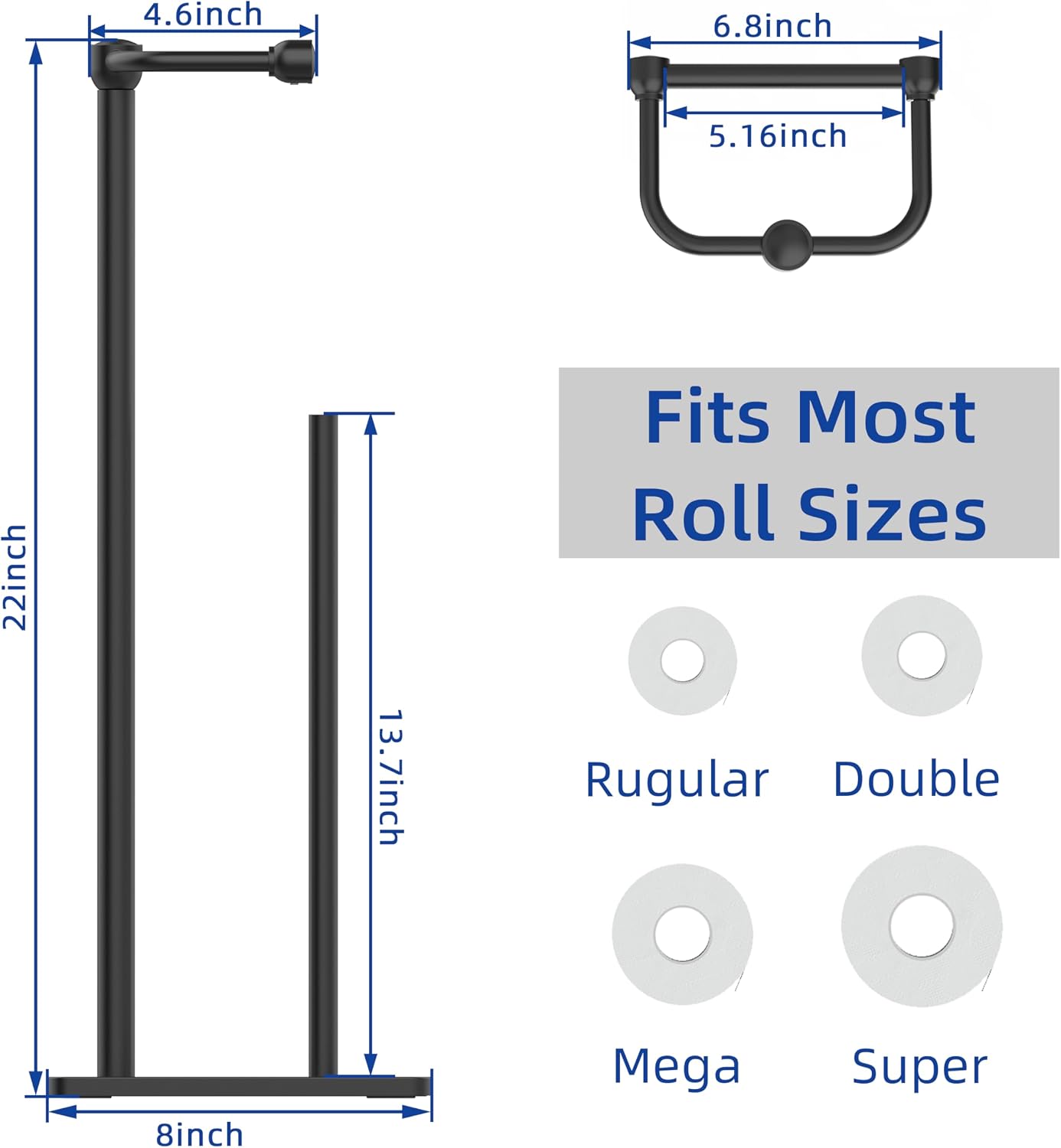 RUACQ Bathroom Toilet Paper Holder Stand with Storage, Matte Black | Pivoting Free Standing Toilet Roll Holder, Holds 4