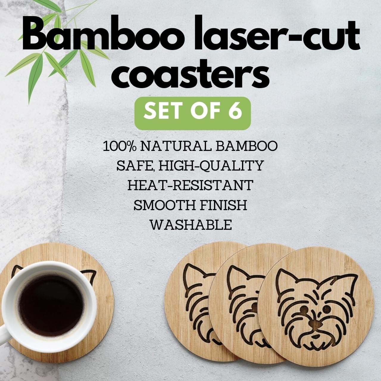 Iron Holder / Bamboo Laser-Engraved Fun Dog Coasters / Yorkie / 3.9 Inch / Set of 6
