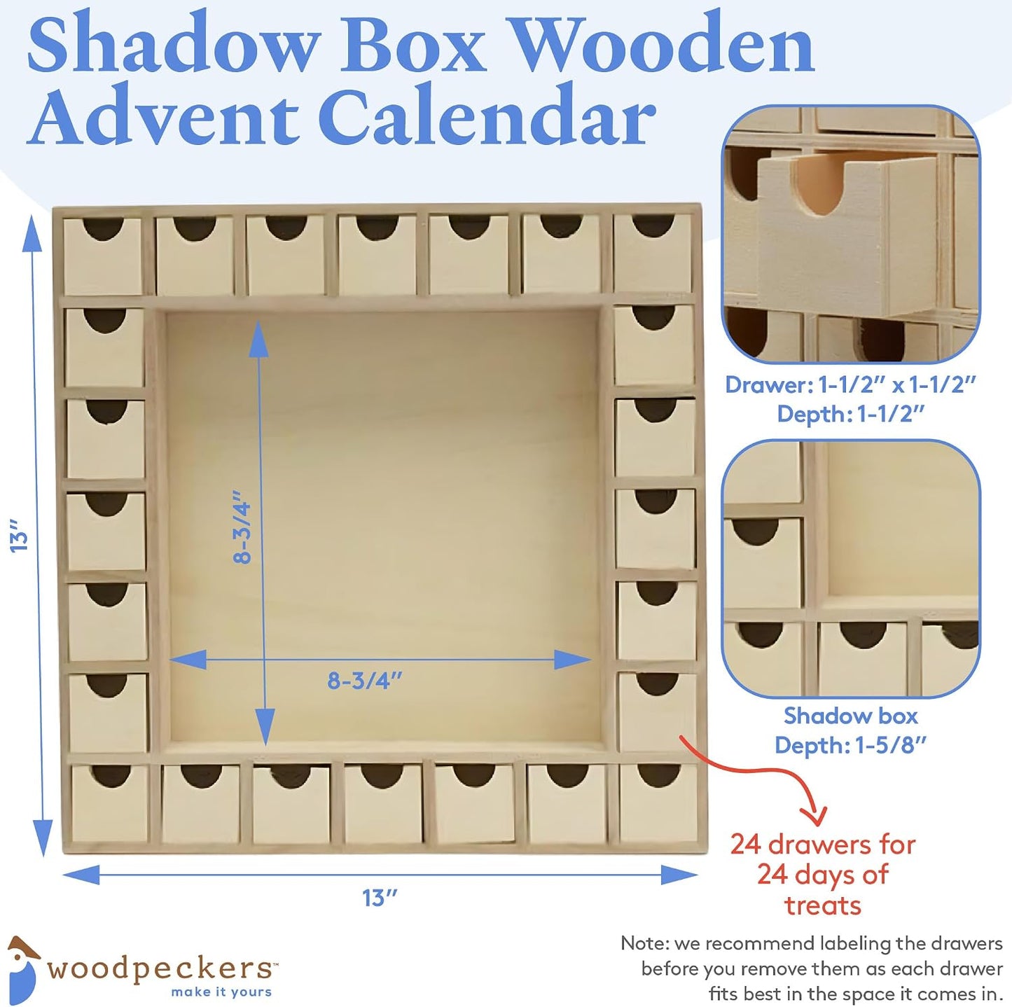 Advent Calendar 2024, Wooden Advent Calendars, Shadow Box 13 Inch x 13 Inch, Pack of 1 Christmas Advent Calendar 2024