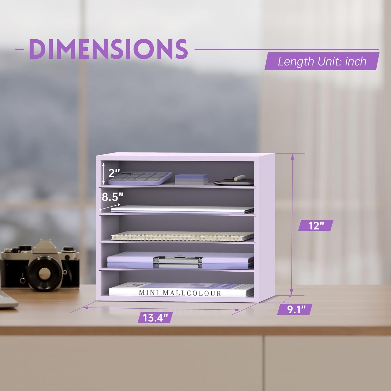5 Tier Wood Desk Organizer, Paper Organizer for Desk, Purple | Wooden Desktop Organizer for Sorting Papers, Letters and