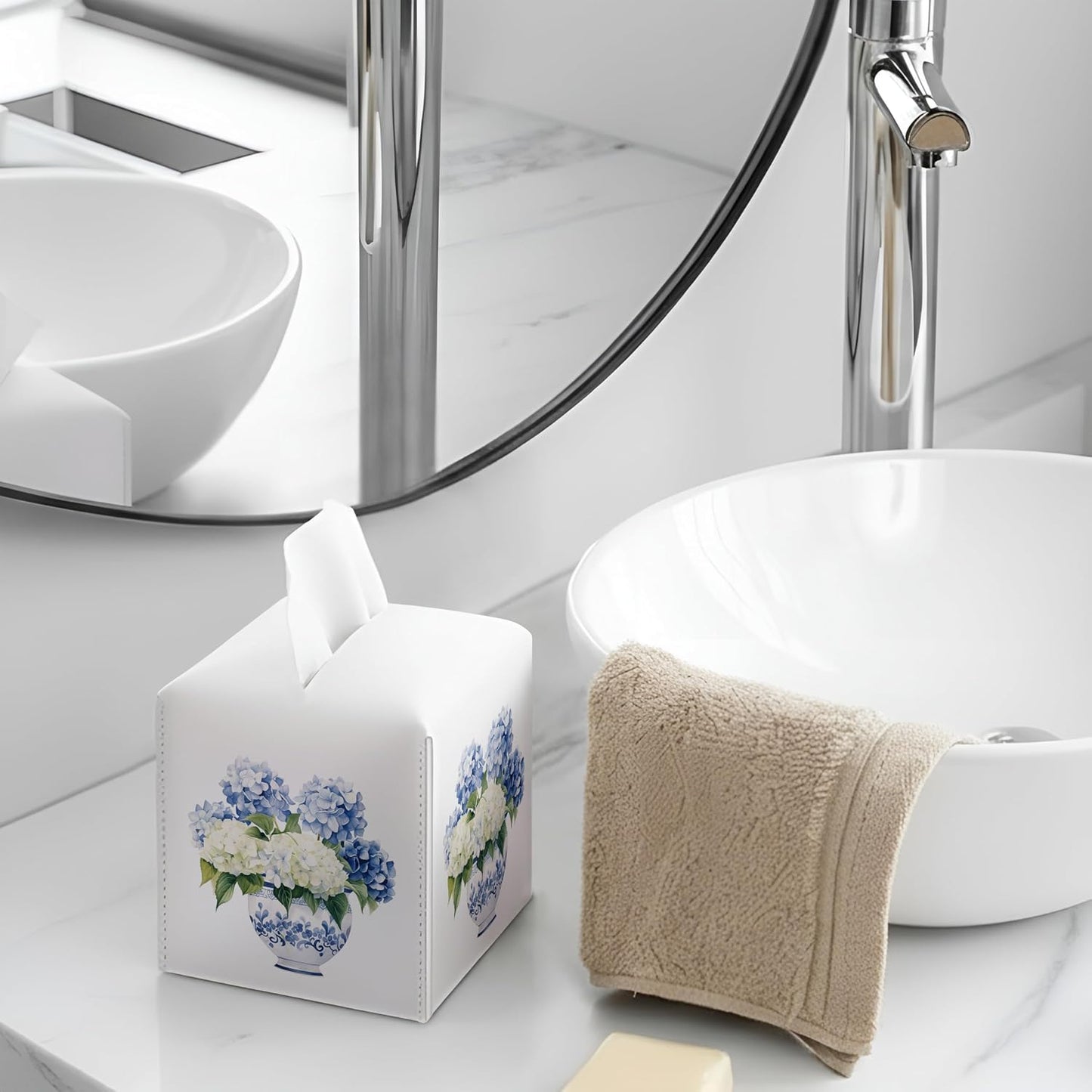 Chinoiserie and White Floral Decorative Square Faux Leather Tissue / Chinoiserie Hydrangea / Blue