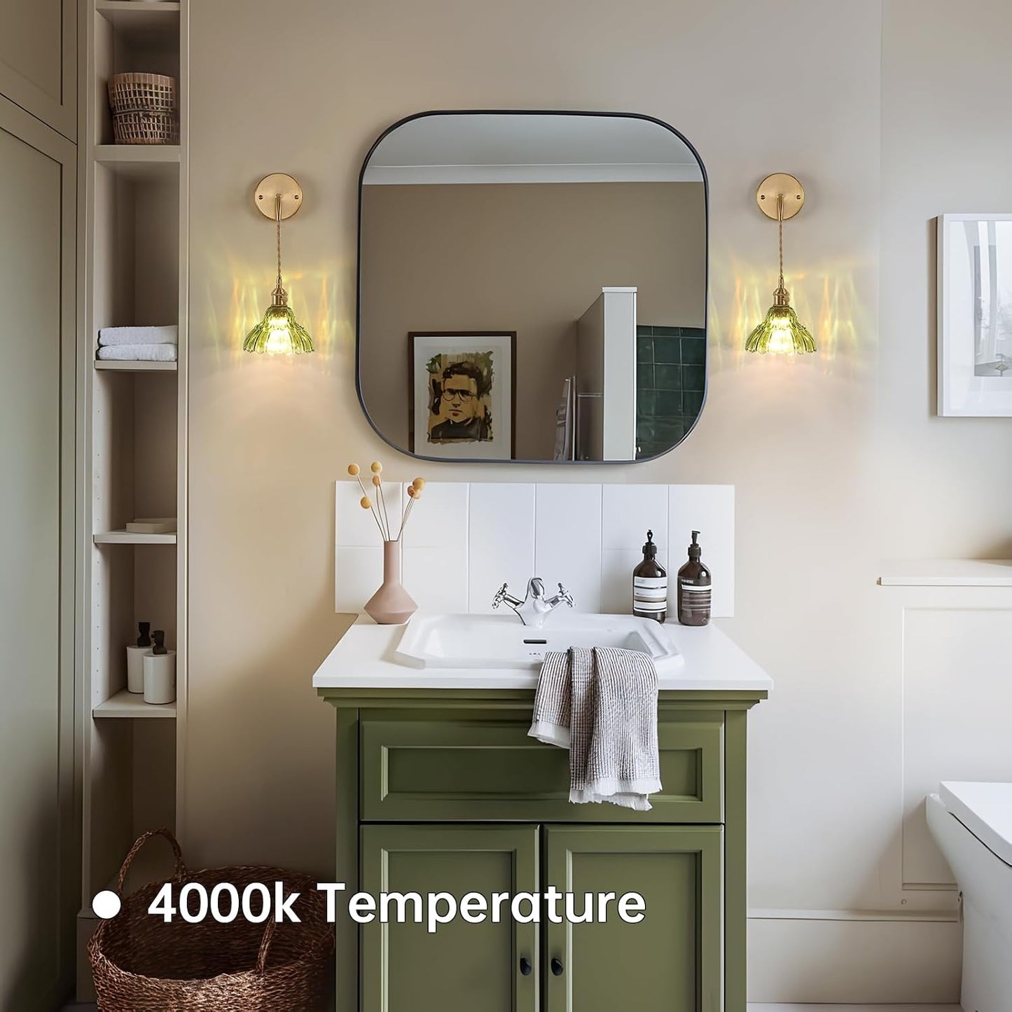 Shenmoyl Battery Operated Wall Sconce Wall Lamp with Green Lily of the Valley Shade Pattern Glass Adjustable Chain