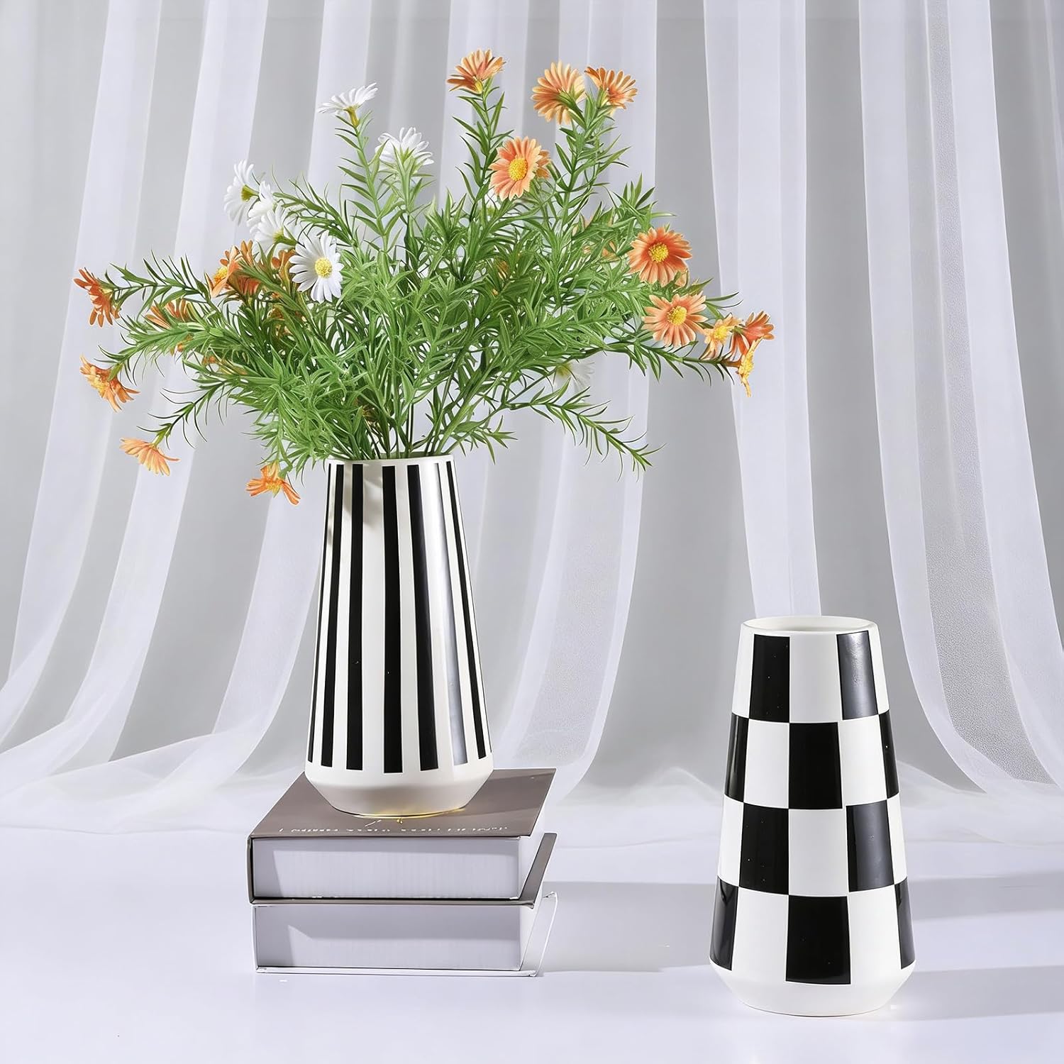 White Ceramic Vase / Black / Set of 2