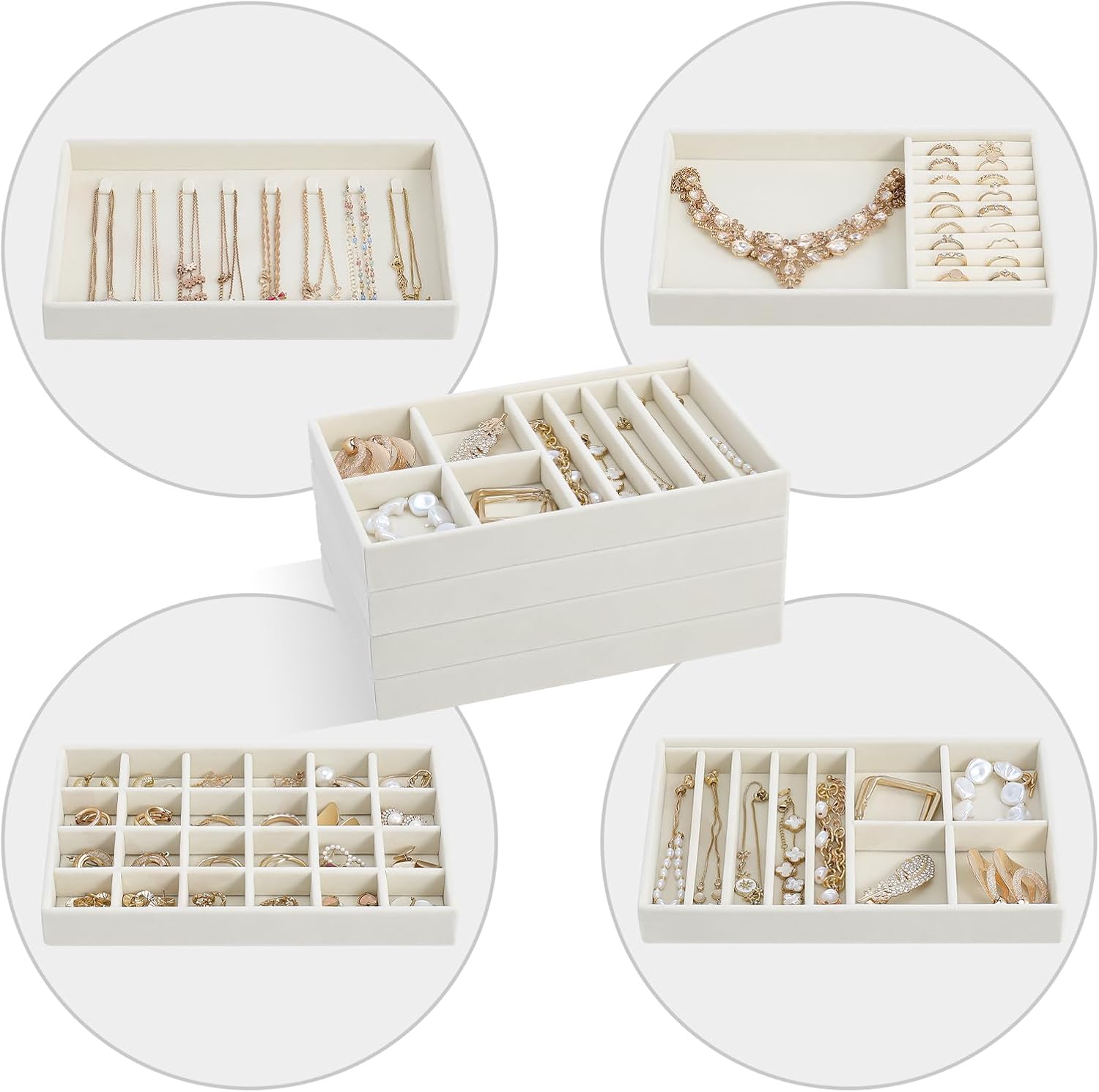 Stackable Jewelry Organizer Trays for Drawers / 4 Layers / Beige
