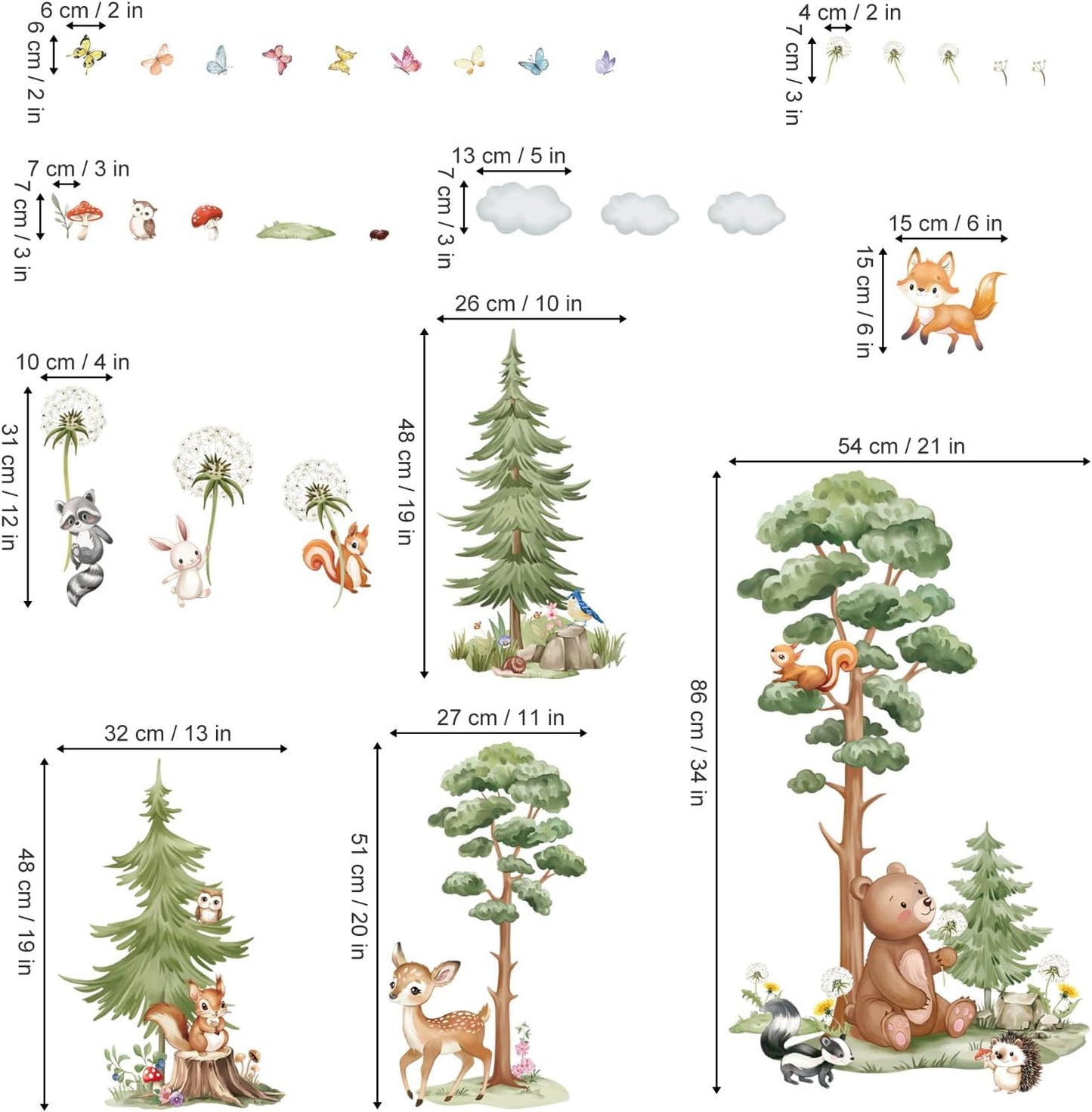 Large Woodland Animal Tree Wall Stickers Forest Animals Bear Deer Dandelion Peel and Stick Wall Art