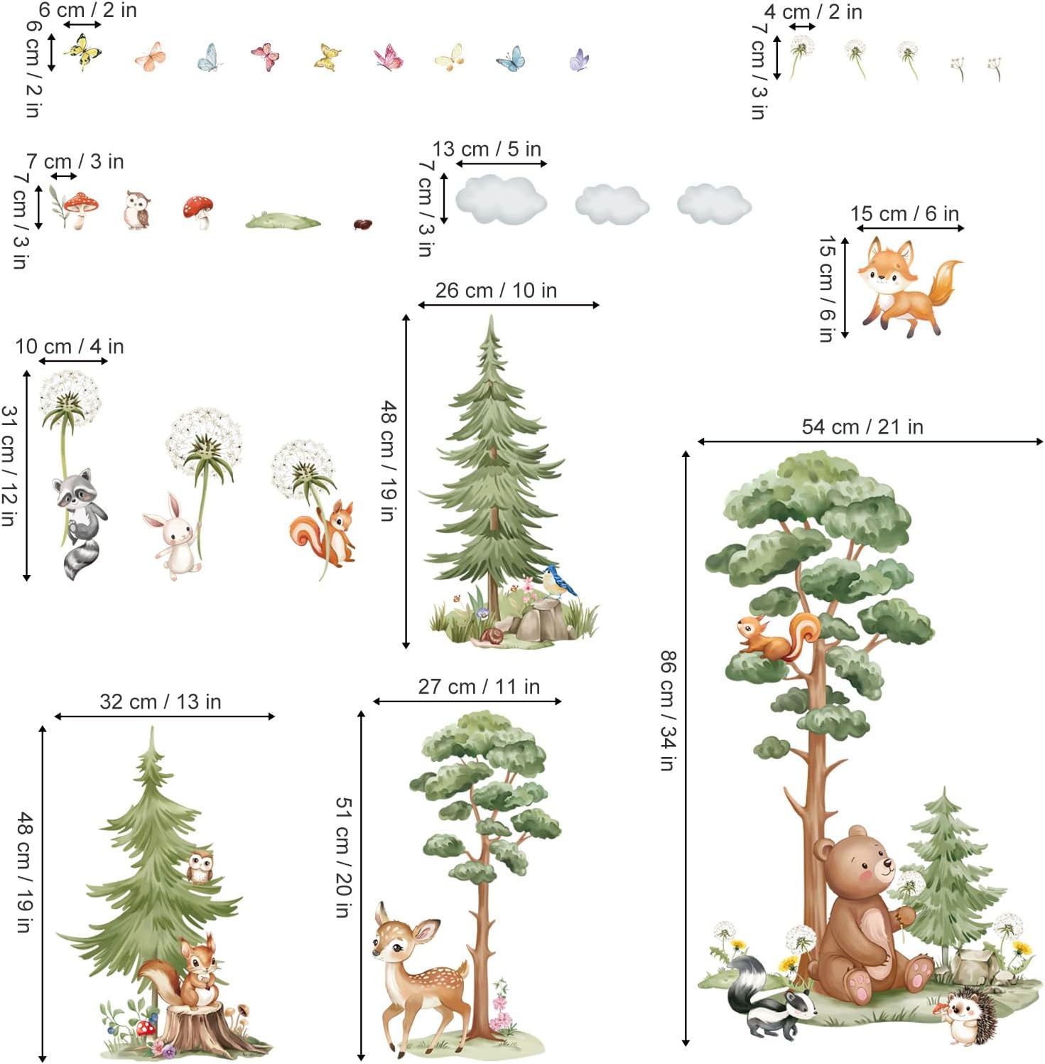 Large Woodland Animal Tree Wall Stickers Forest Animals Bear Deer Dandelion Peel and Stick Wall Art
