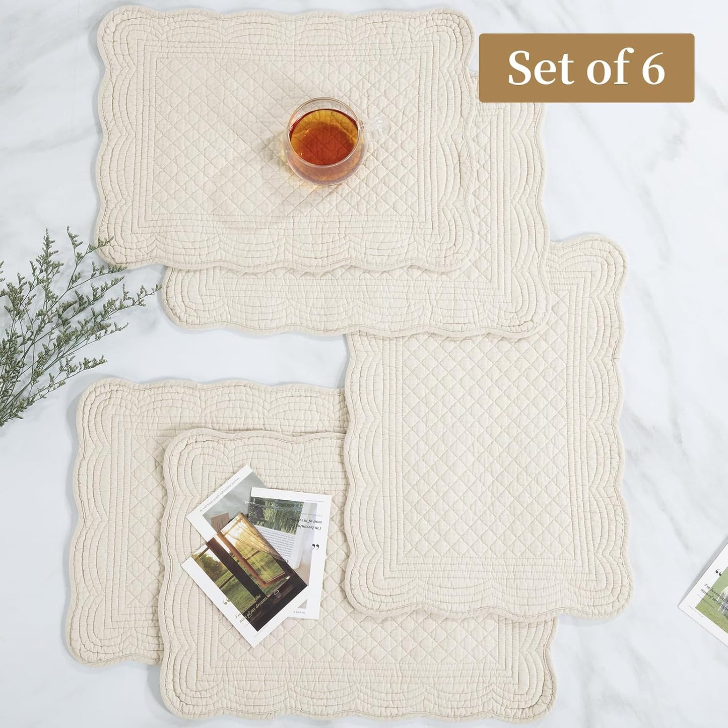 100% Cotton Quilted Placemats Set of 6,Washable Cloth Table Placemats for Kitchen & Dining Table