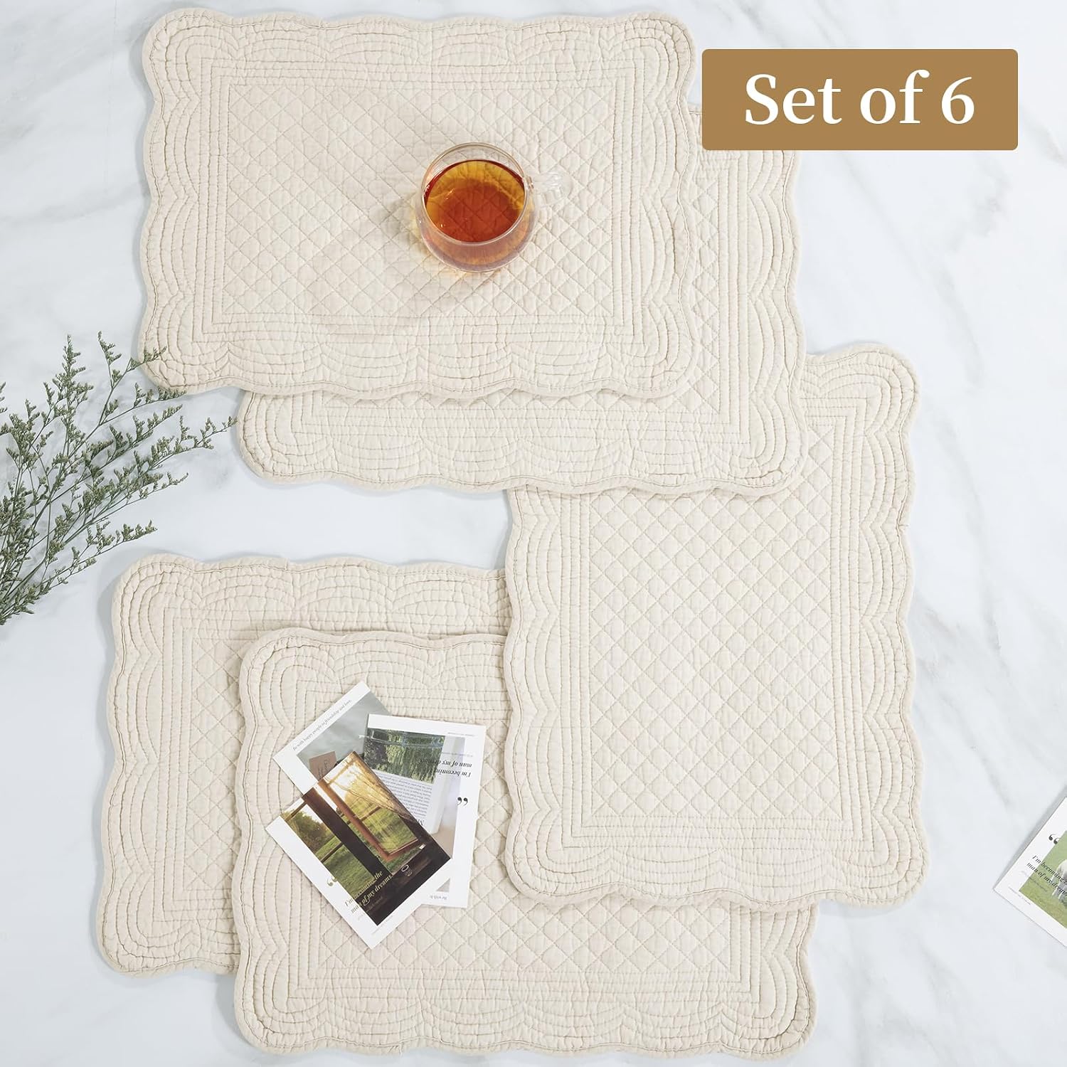 100% Cotton Quilted Placemats Set of 6,Washable Cloth Table Placemats for Kitchen & Dining Table