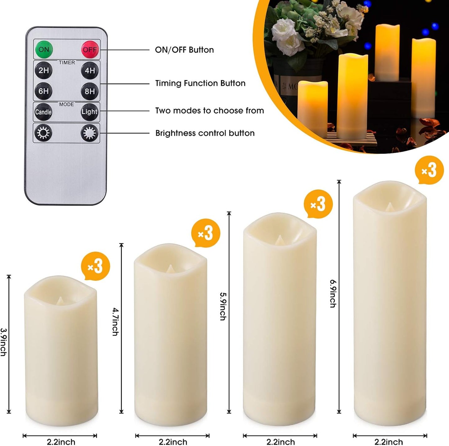 Waterproof Flickering Flameless Candles, Set of 12 Battery Operated Candles (D2.2'' x H4''5''6''7"), Outdoor Indoor