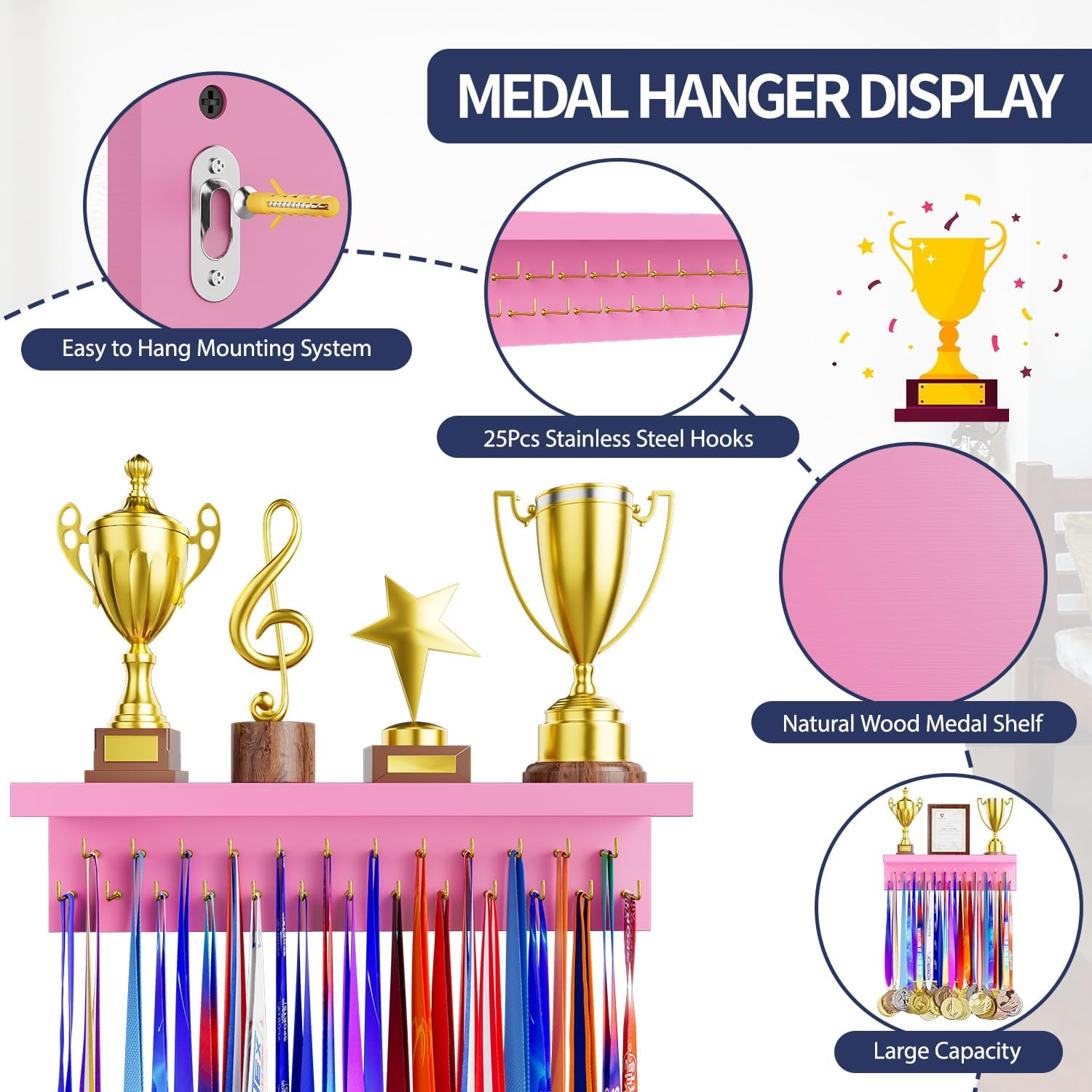 Medal Holder Display Trophy Shelf Organizer, Sturdy Wooden Race Award Hanger Rack with 25 Steel Hooks, Wall Mount