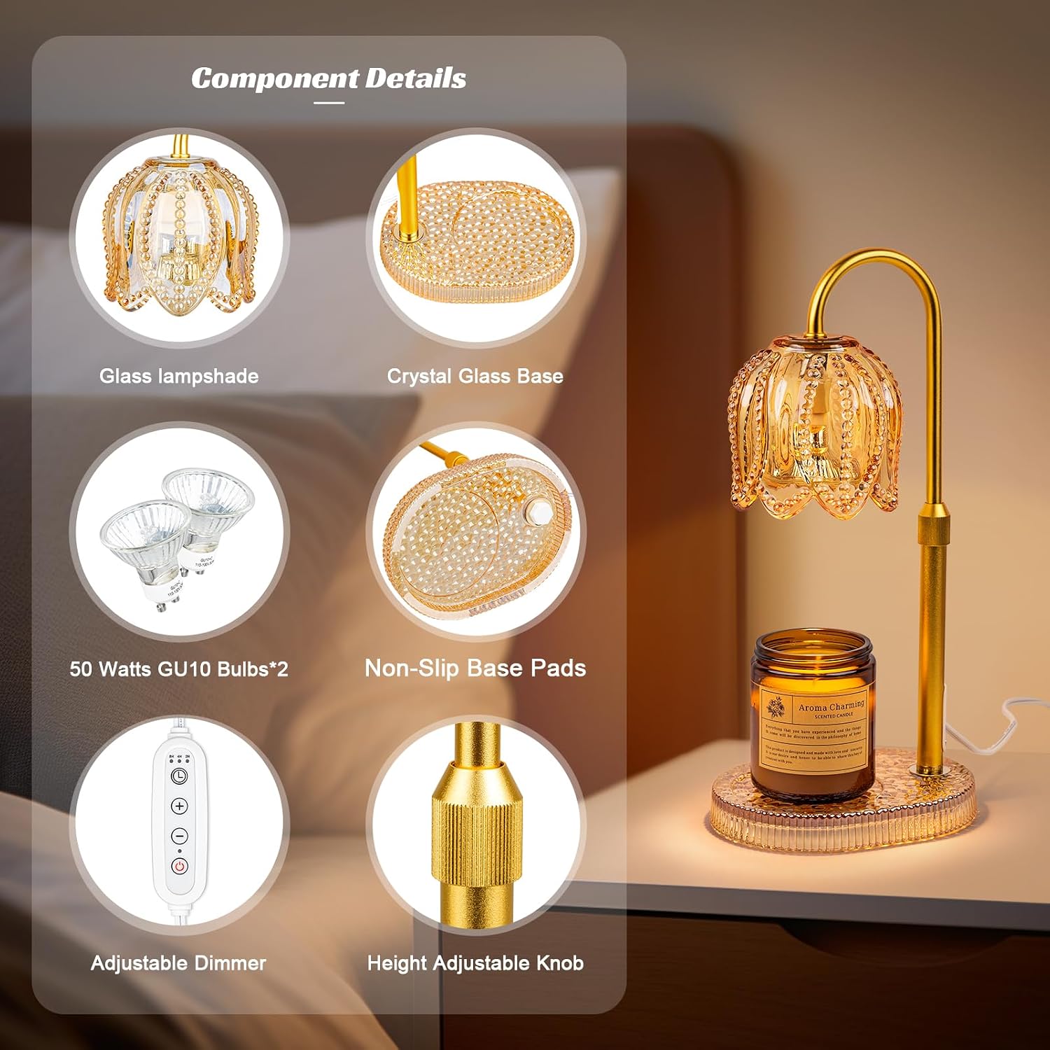 Petal Candle Warmer Lamp with Timer & Dimmable Light Champagne Gold | Adjustable Height Jar Melter on Crystal Glass