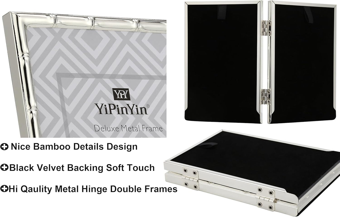 YiPinYin Silver 5x7'' Bamboo Detail Double Metal Picture Frame,Elegant Elegant Narrow Profile Silver Plated Photo