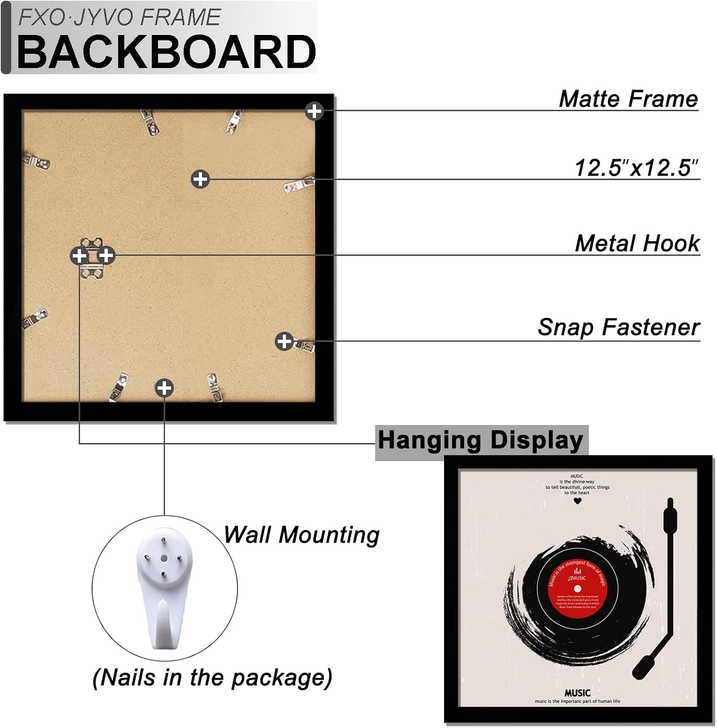 Vinyl Record Frame Display for 12 inch LP with 12.5x12.5 Album Cover | Black 12.5 x 12.5 Frame Light Weight with
