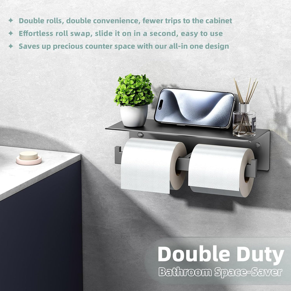 APLusee Double Toilet Paper Holder with Storage Phone Shelf, Gunmetal Gray | 304 Stainless Steel for Bathroom