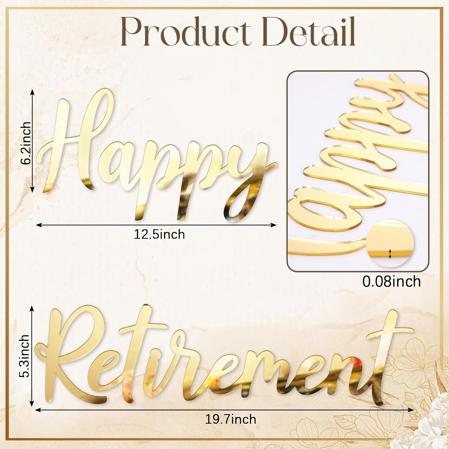 Happy Retirement Acrylic Mirror Decal Letter Sticker for Arch Backdrop / Golden / 20 Inches / Gold
