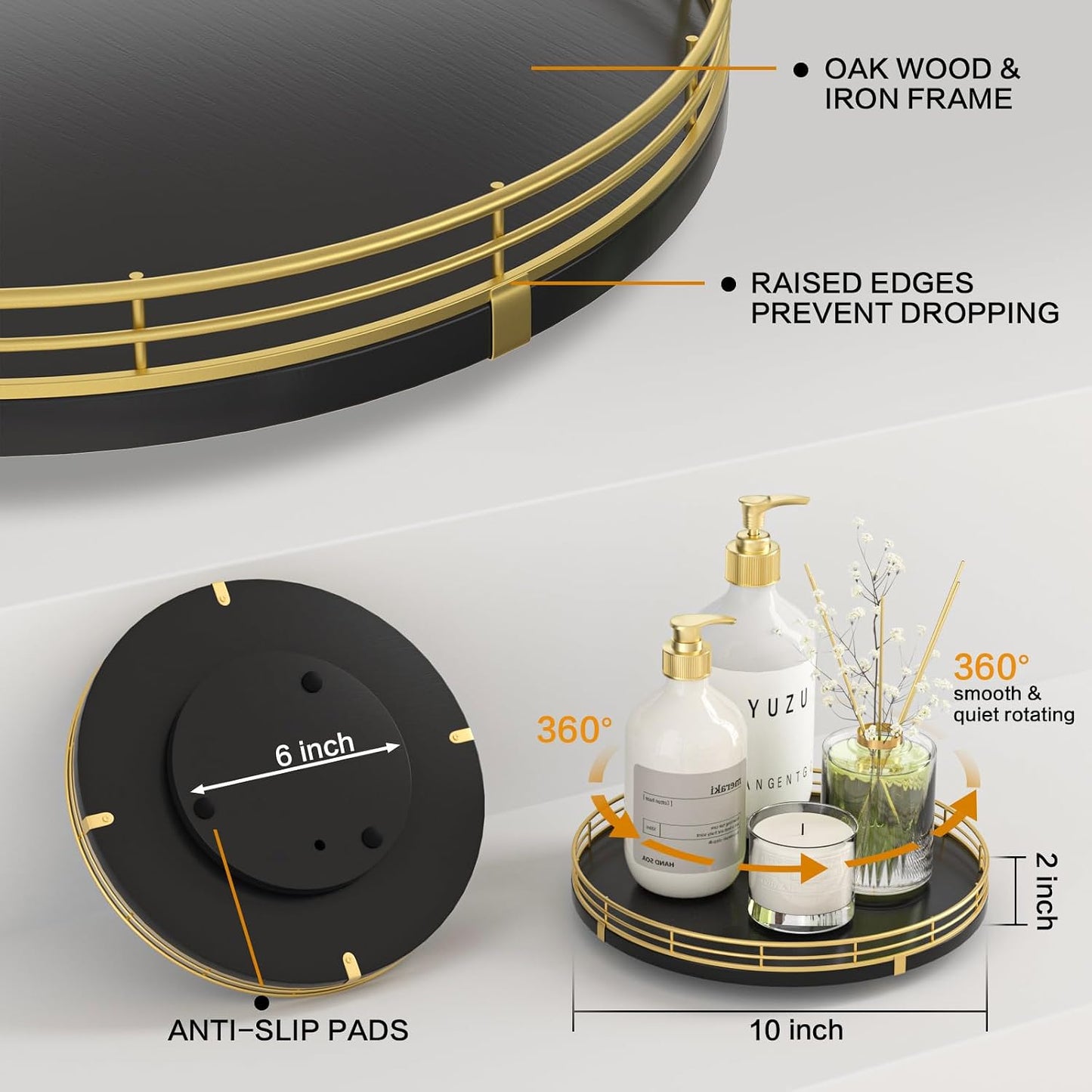 10" Oak Wood Decorative Tray / Gold Black / Set of 10