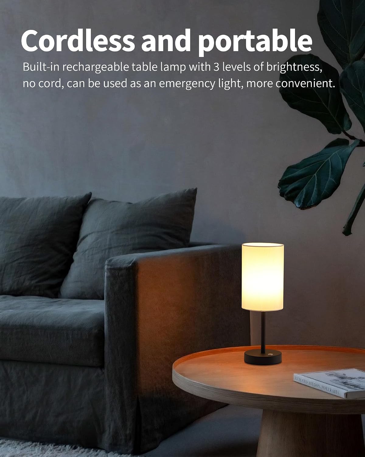 KDG Black Cordless Table lamp, Portable Bedside 4000mAh LED Desk Lamp | Rechargeable 3 Brightness Levels Emergency