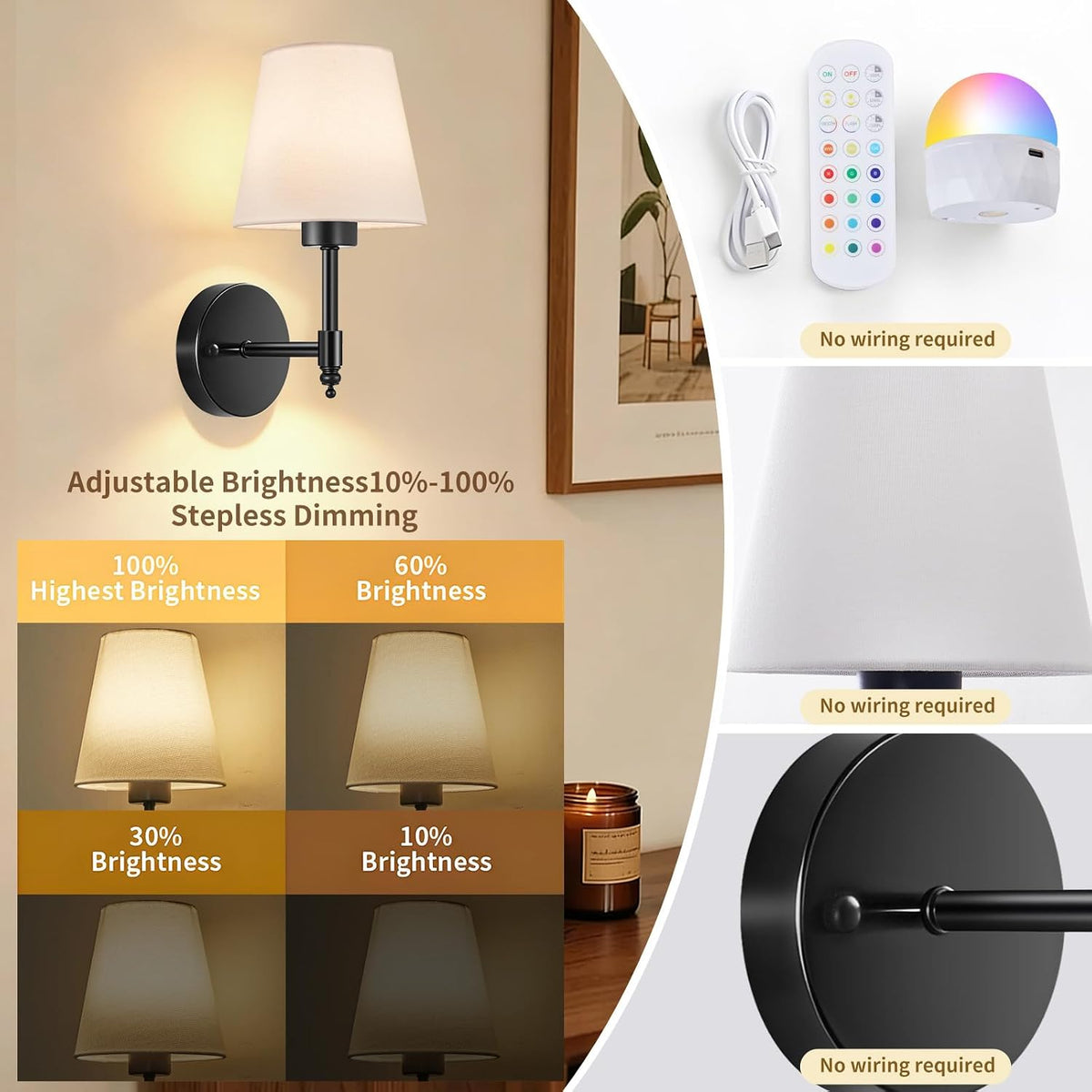 Battery Operated Wall Sconce Set of 2, Rechargeable Wireless Wall Lights | with 5200mAh Dimmable Bulb with Remote,15