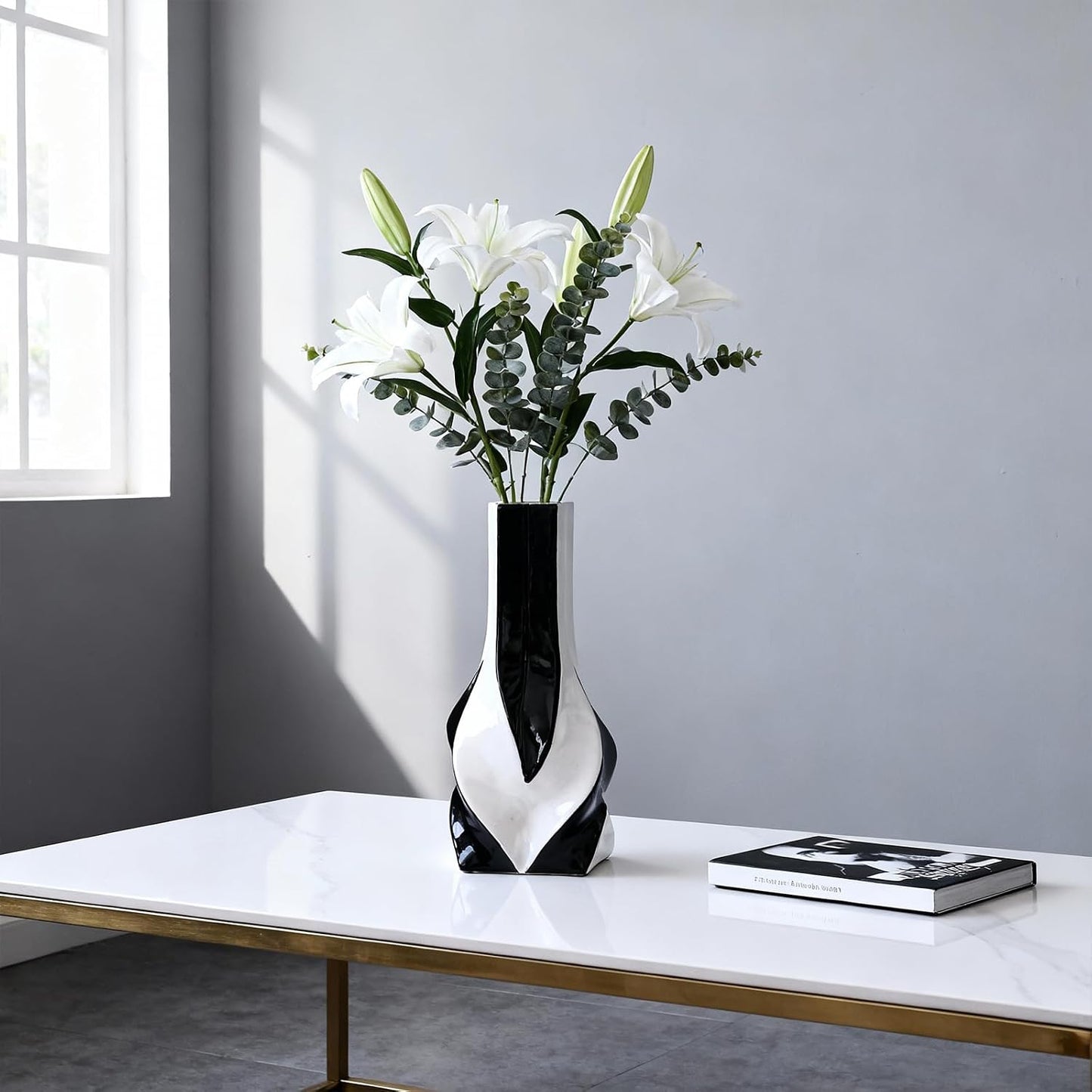 10.6" Black and White Ceramic Vase / Black White