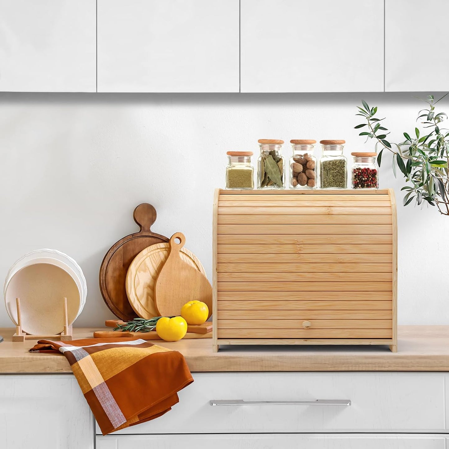 Bamboo Bread Box Roll Top for Kitchen Countertop Breadbox Storage | Roll Top Bread Box with Sliding Lid,Large Double