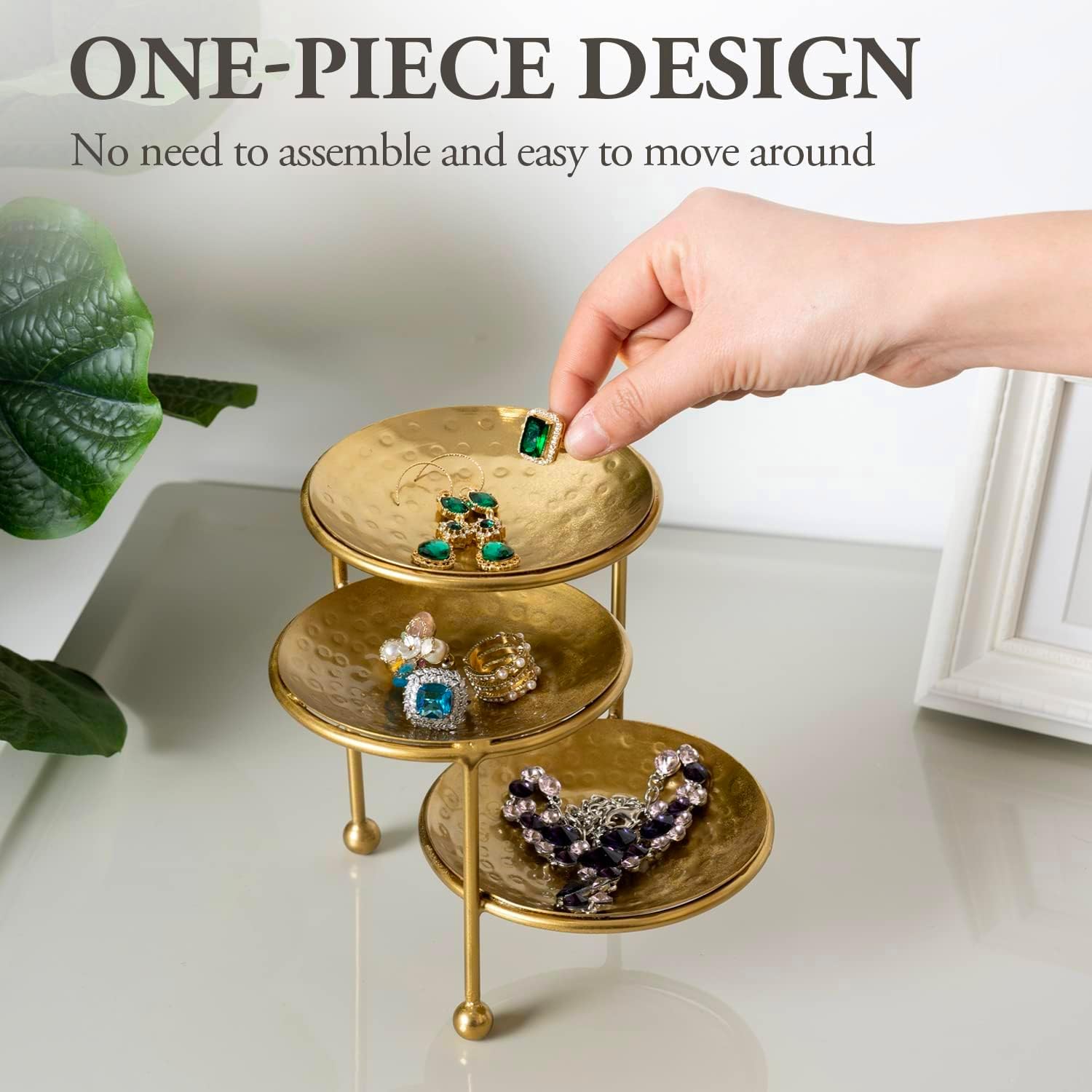 Hammered Brass Plated Metal Ring Tray / Brass, 3 Tier