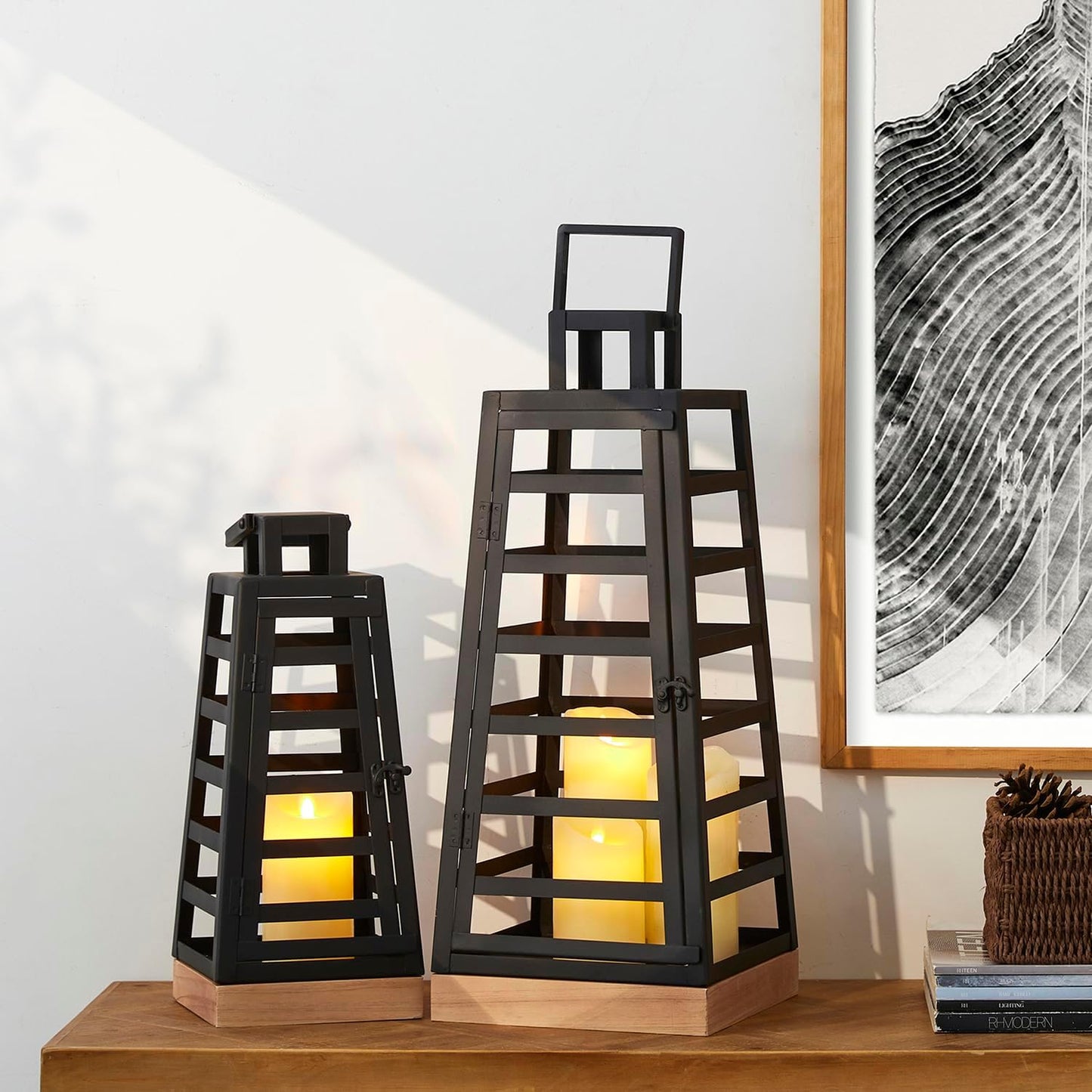 Glitzhome Set of 2 Modern Trapezoid Metal/Wood Hanging Lanterns, Decorative Candle Holder Lanterns for Outdoor & Indoor