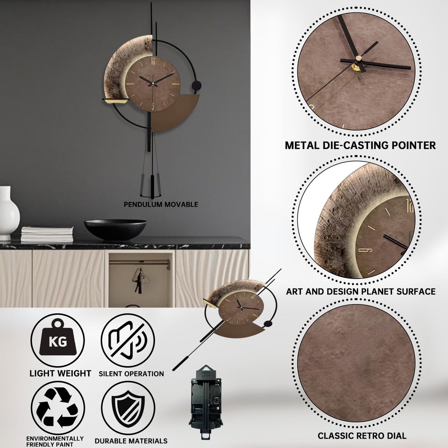 SIN&MI Wall Clock,Decorative Wall Clocks with Pendulum,Silent Quality Quartz Clock Battery Operated,Large Clock for