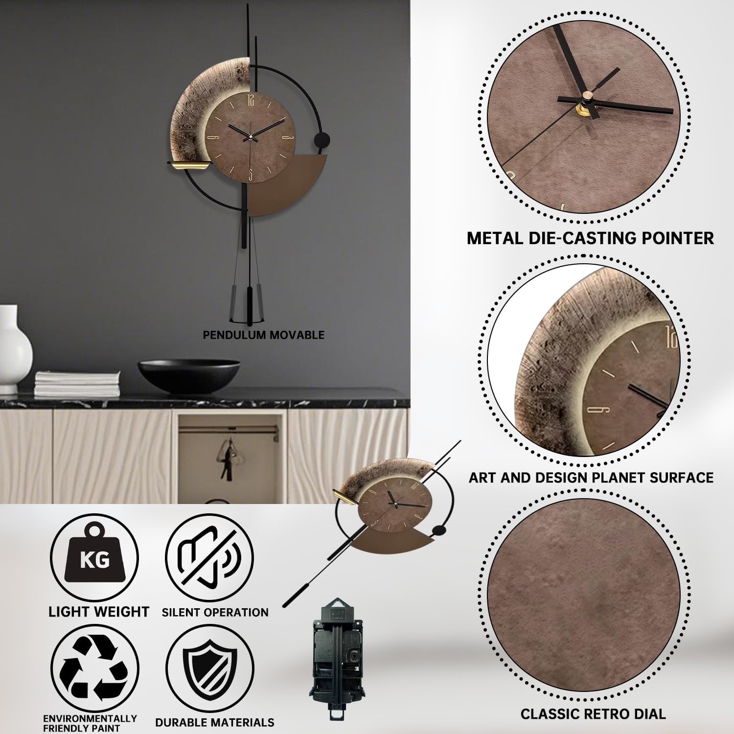 SIN&MI Wall Clock,Decorative Wall Clocks with Pendulum,Silent Quality Quartz Clock Battery Operated,Large Clock for
