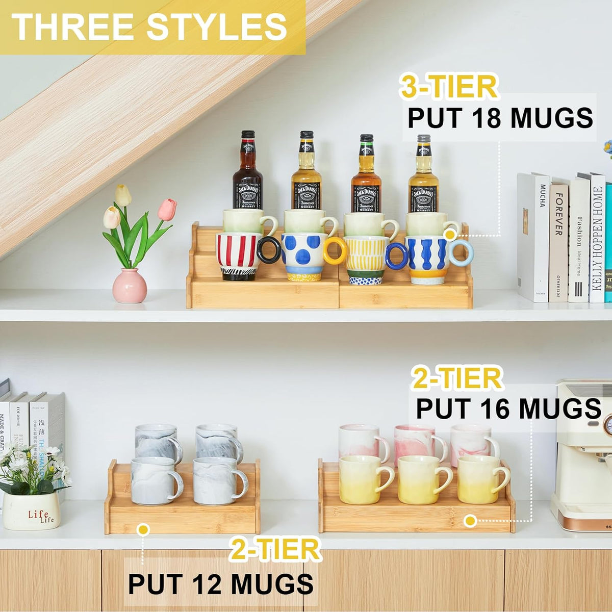 Hongtamoya 3-Tier Expandable Bamboo Mug Holder For Countertop Coffee Cup Holder Display Mug Organizer Mug Rack for