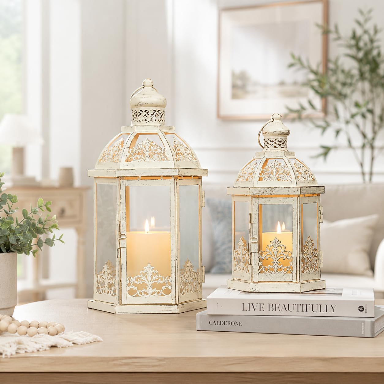 Lanterns Decorative Outdoor&Indoor, Set of 2 (15"&11") Beige Metal Lantern Decor with Glass, Candle Holder for Porch