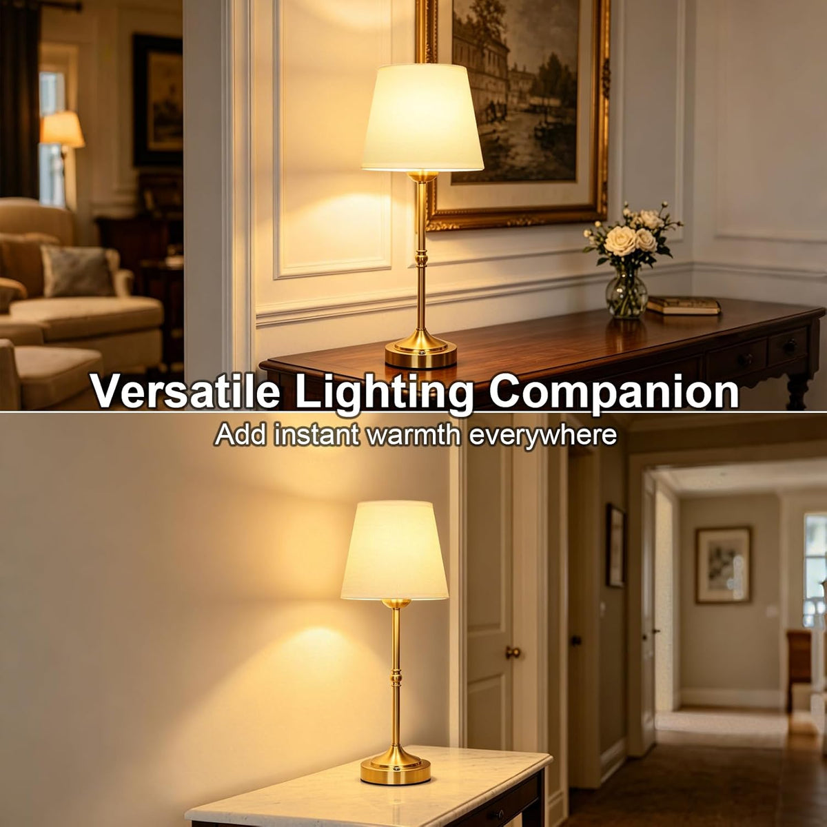 FLY2SKY Rechargeable Gold Cordless Table Lamp,3 Color Dimmable Bedside Lamp | 8H High Runtime,200H+ Low Runtime,LED