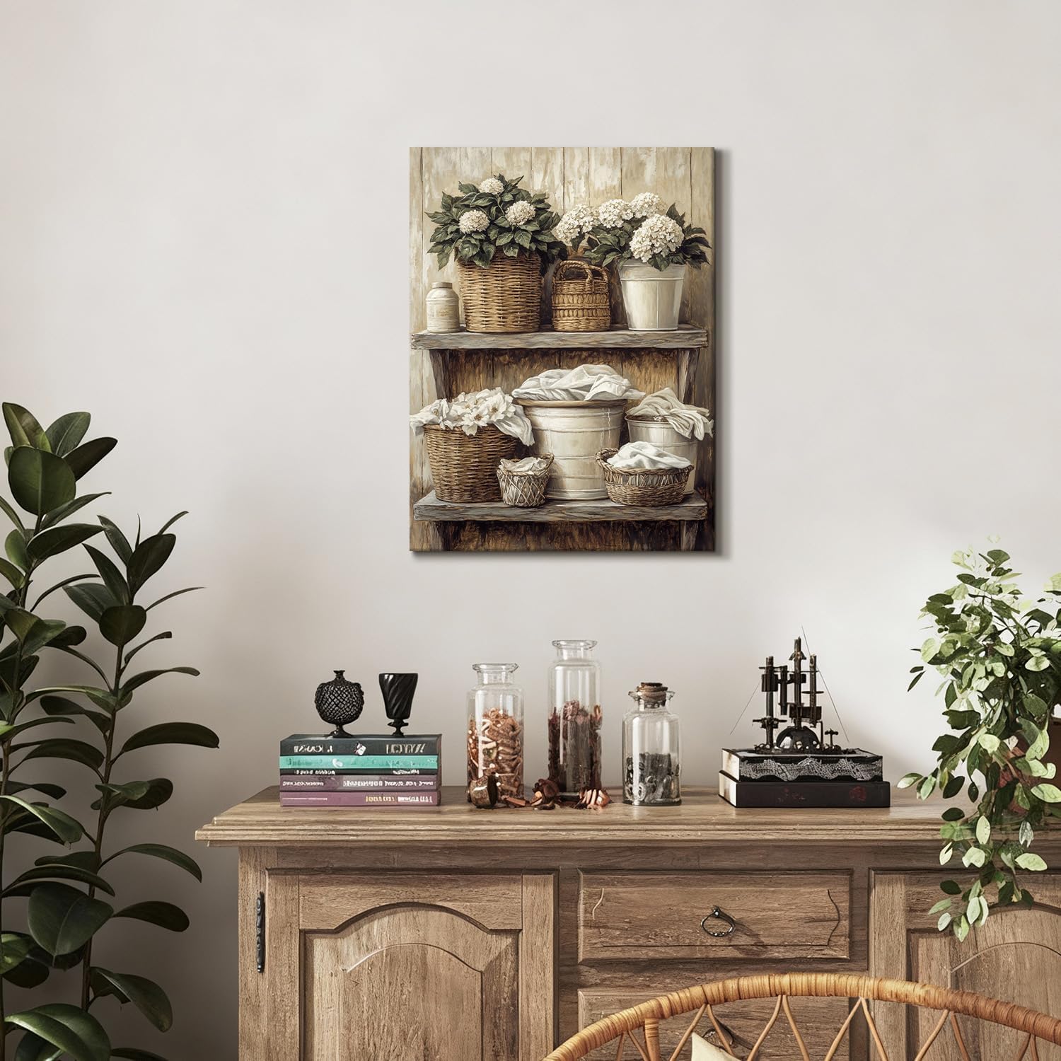 Rustic Floral Woven Basket Artwork Print for Laundry Bathroom Retro / Brown Framed