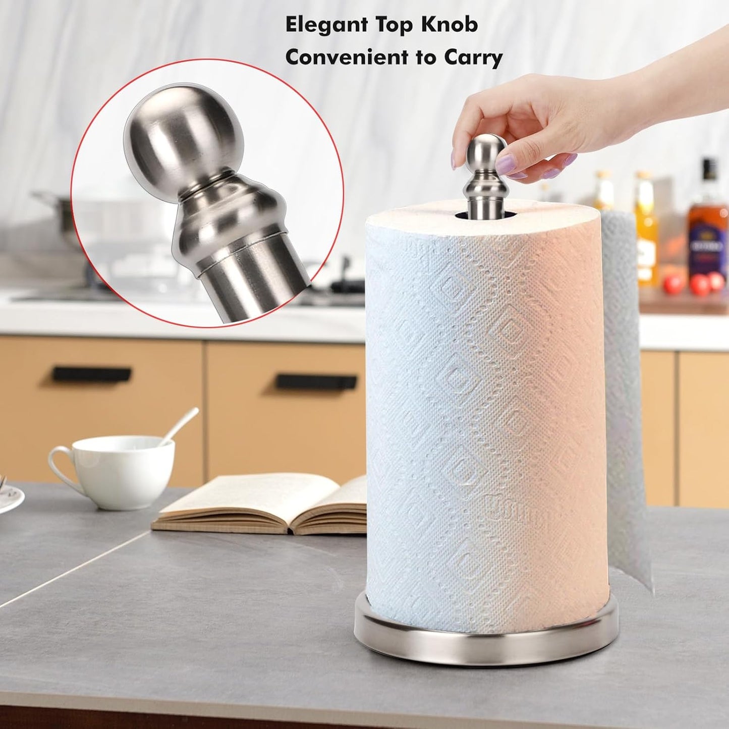 Exilon Paper Towel Holder Countertop with Weighted Base, One-Handed Design No Tipping Over, Stainless Steel Paper Towel