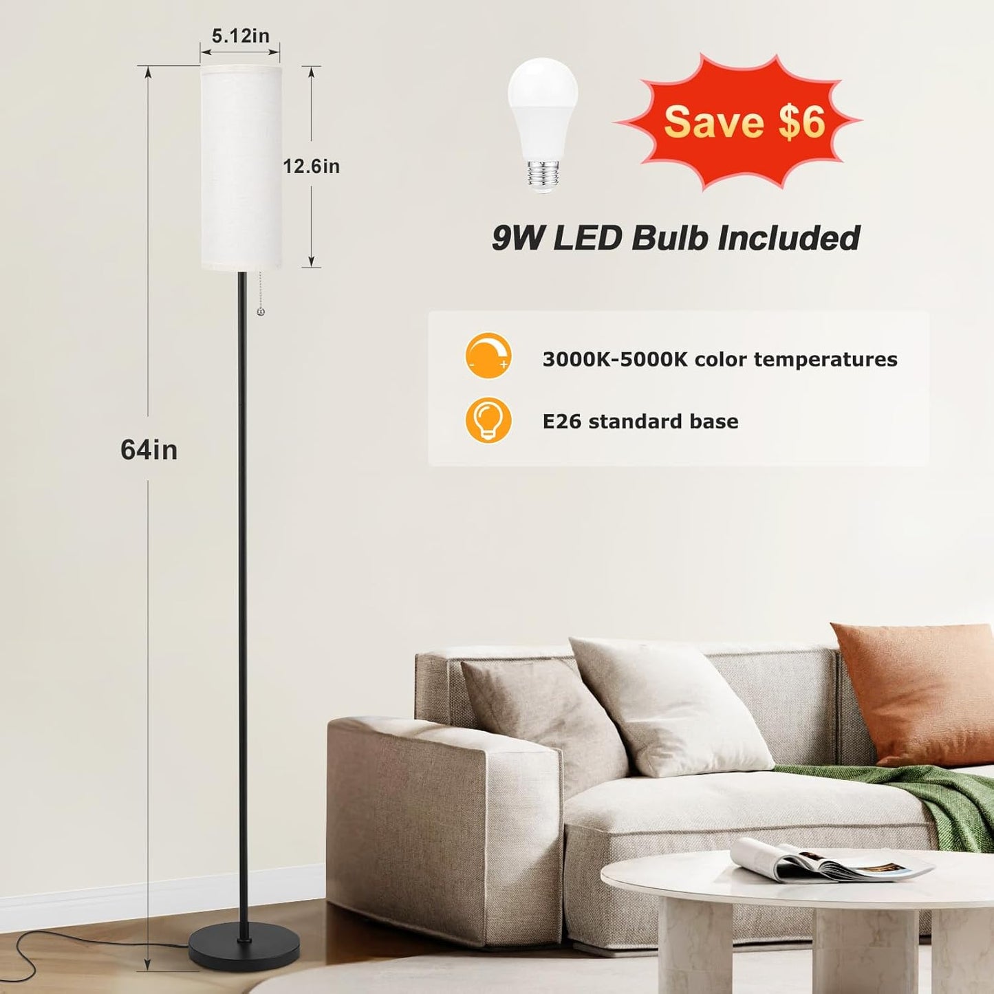 Tall Lamps / 64'' Floor Lamp / Beige / 64.56 Inches