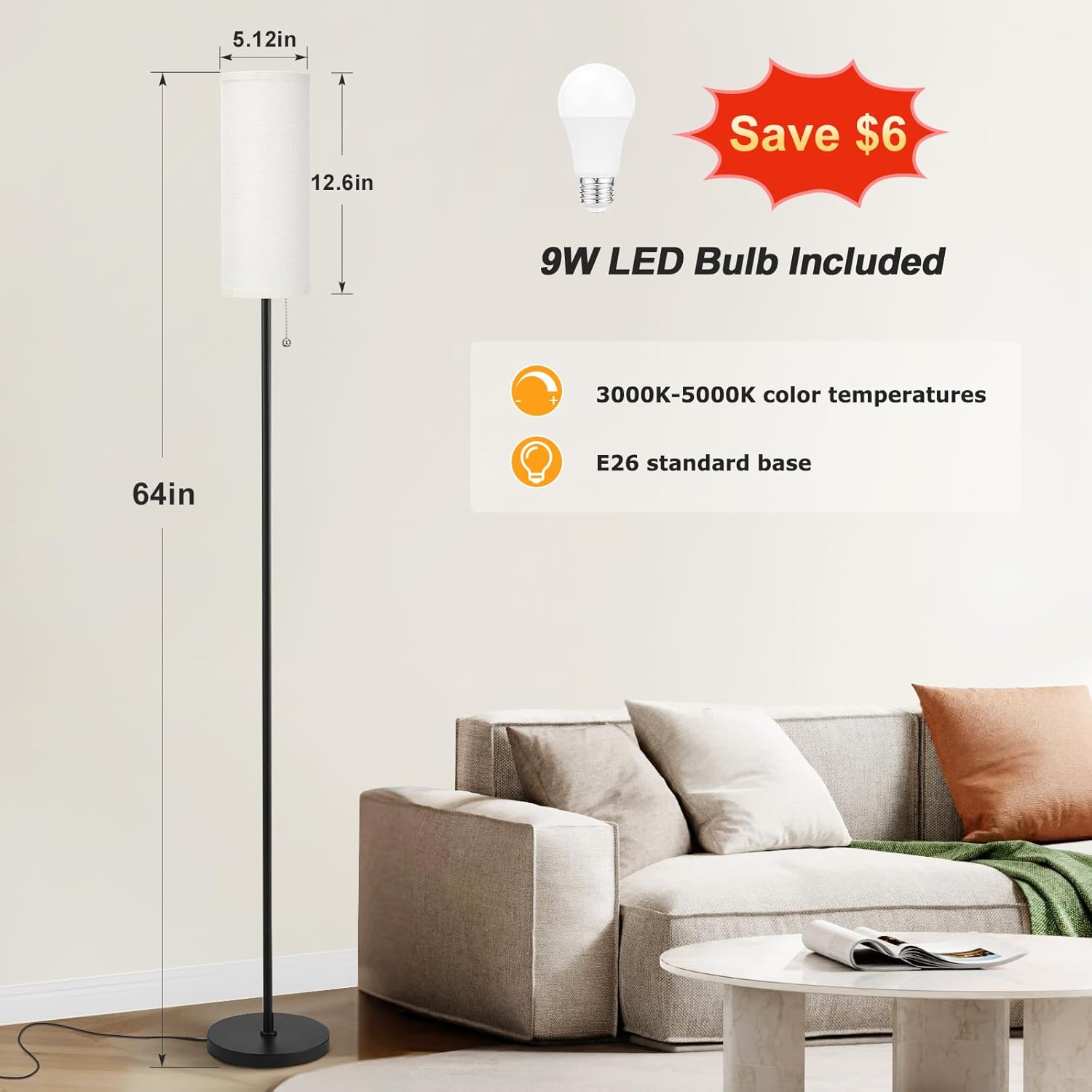 Tall Lamps / 64'' Floor Lamp / Beige / 64.56 Inches