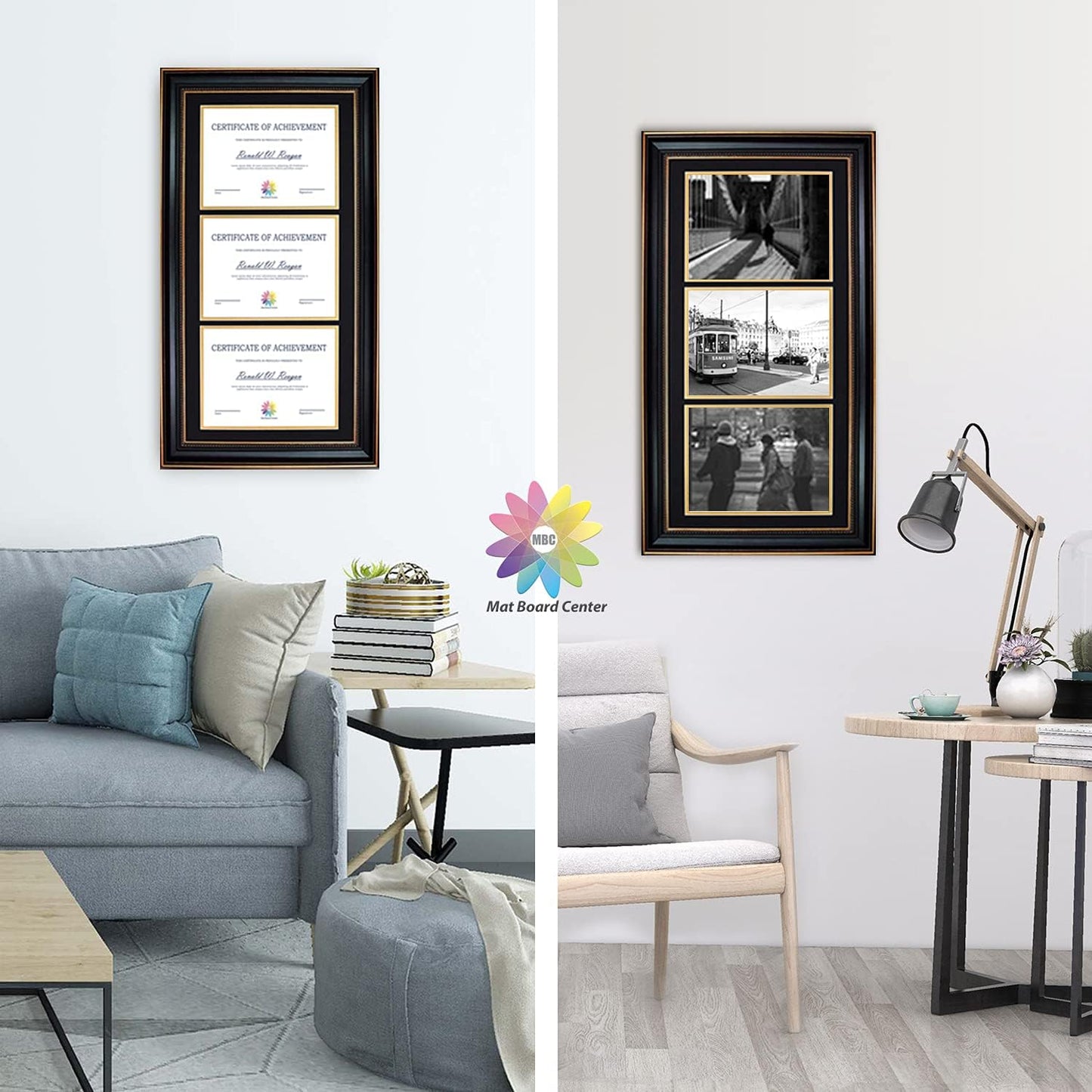 Mat Board Center 14x29 Triple Diploma Frame Holds Three 8.5x11 Certificates | Comes with Real Glass,Black Over Gold
