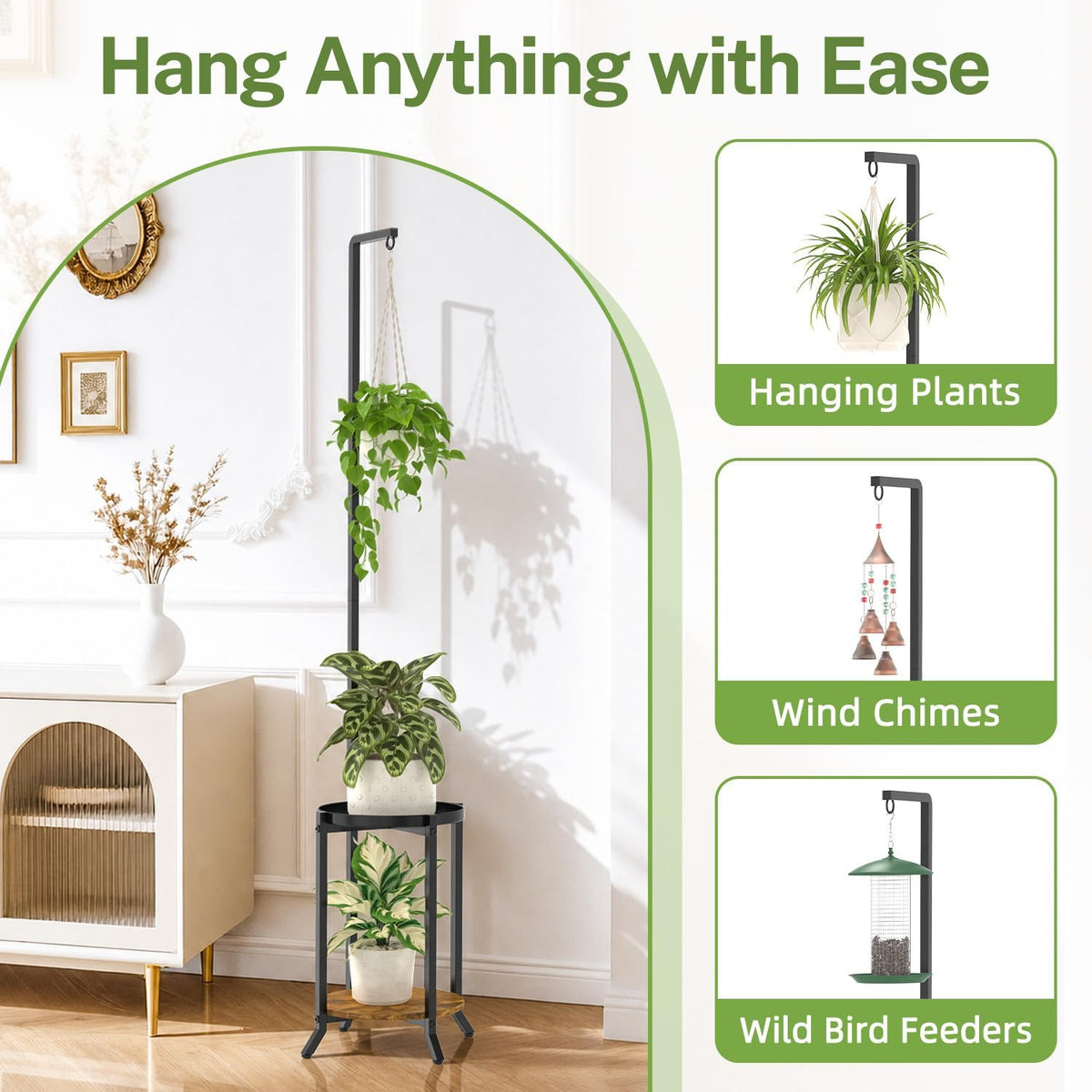 iDavosic.ly Hanging Plant Stand Indoor, 2 Tier, 60 In Tall, Black & Brown | Vertical Corner Metal Flower Shelf with