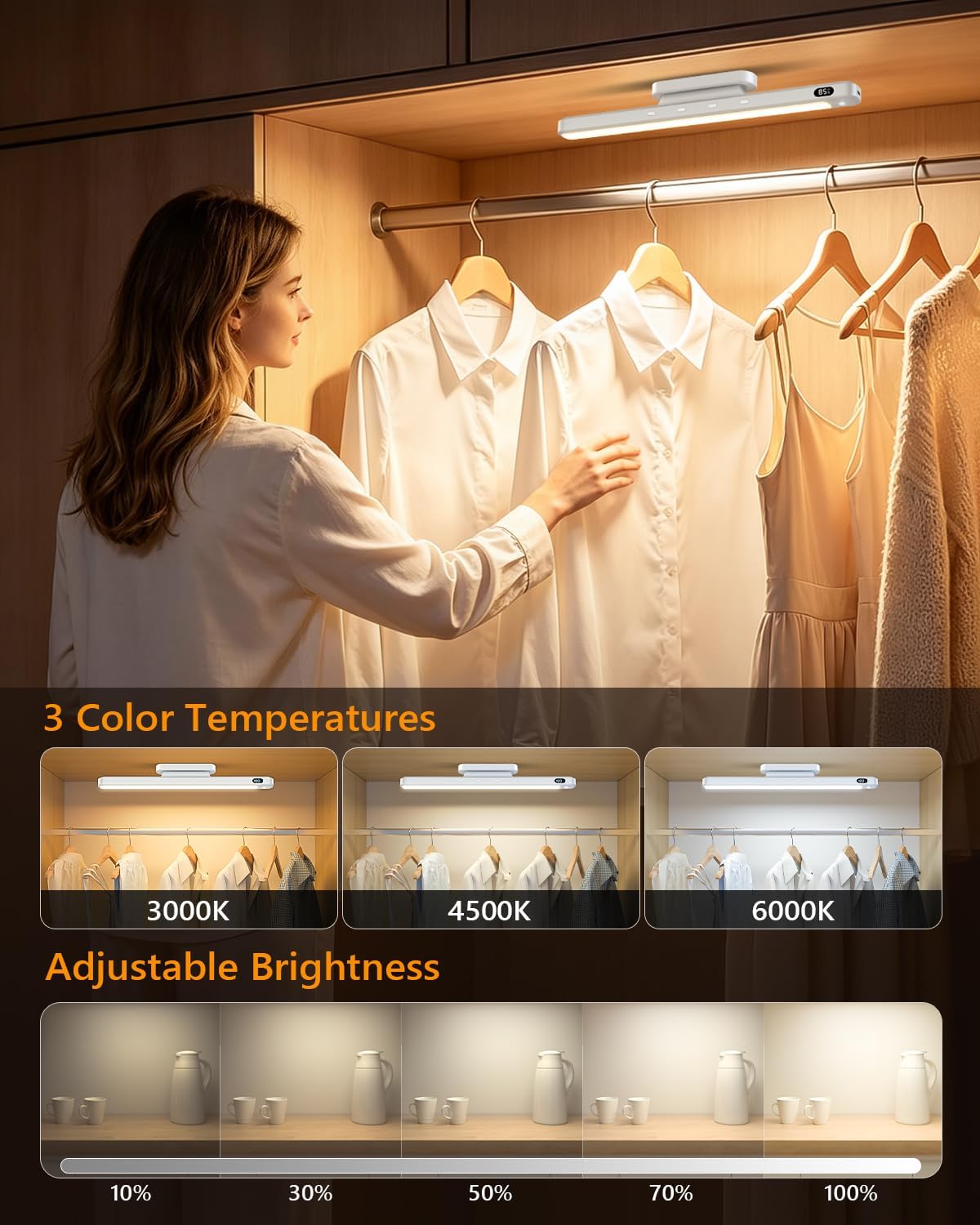 WILLED 5W Motion Sensor Led Light Bar, Eye-Care Rechargeable Closet Light with Battery Level Display, Makeup Lighting